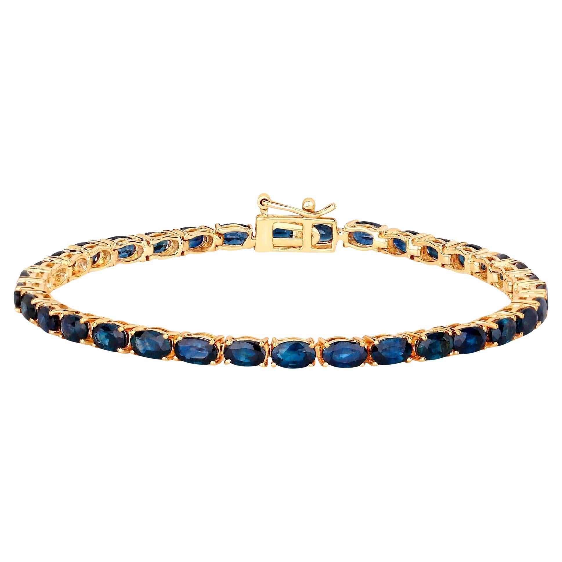 Blue Sapphire Tennis Bracelet 7.45 Carats 14K Yellow Gold For Sale