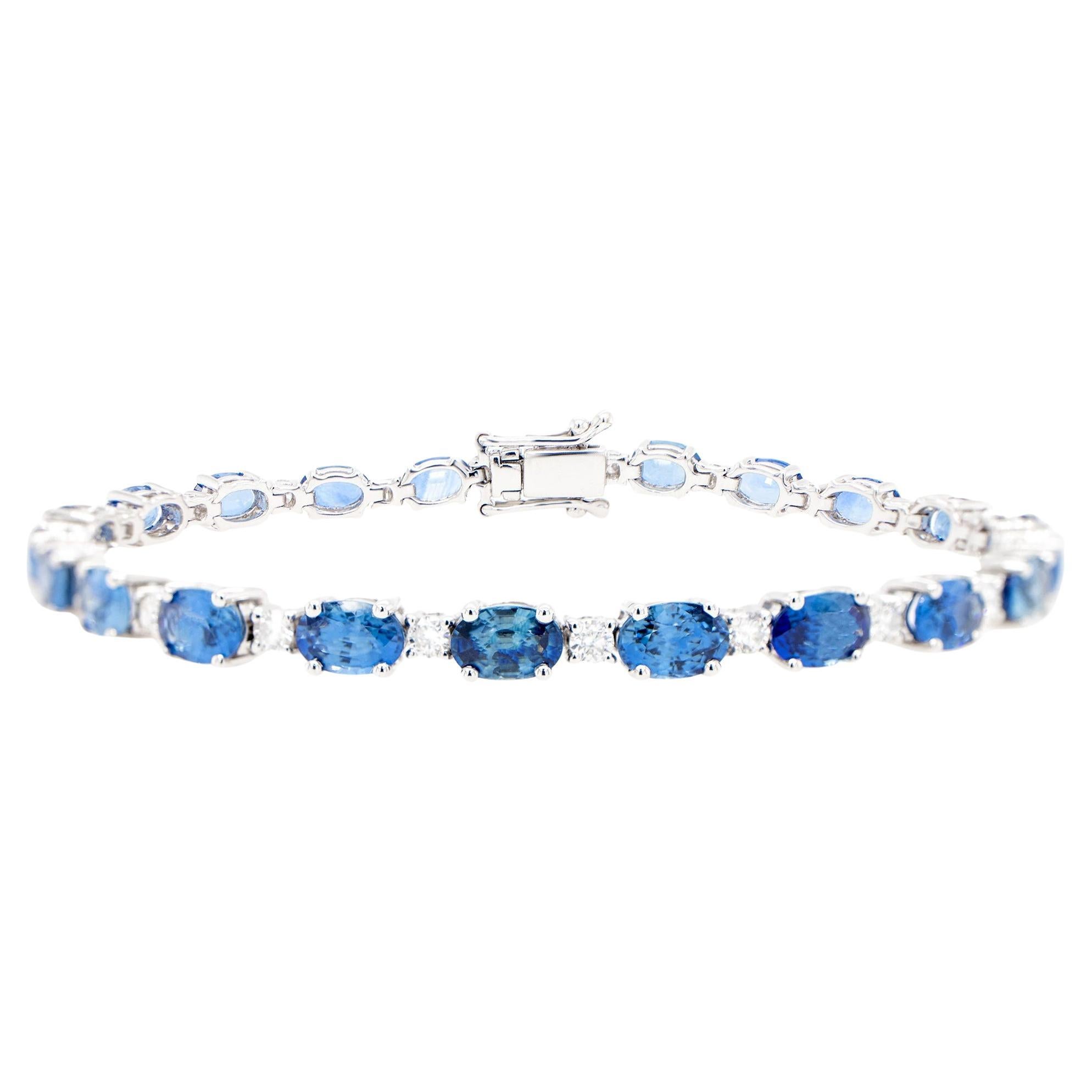 Blue Sapphire Tennis Bracelet Diamond Links 13 Carats 18K White Gold For Sale