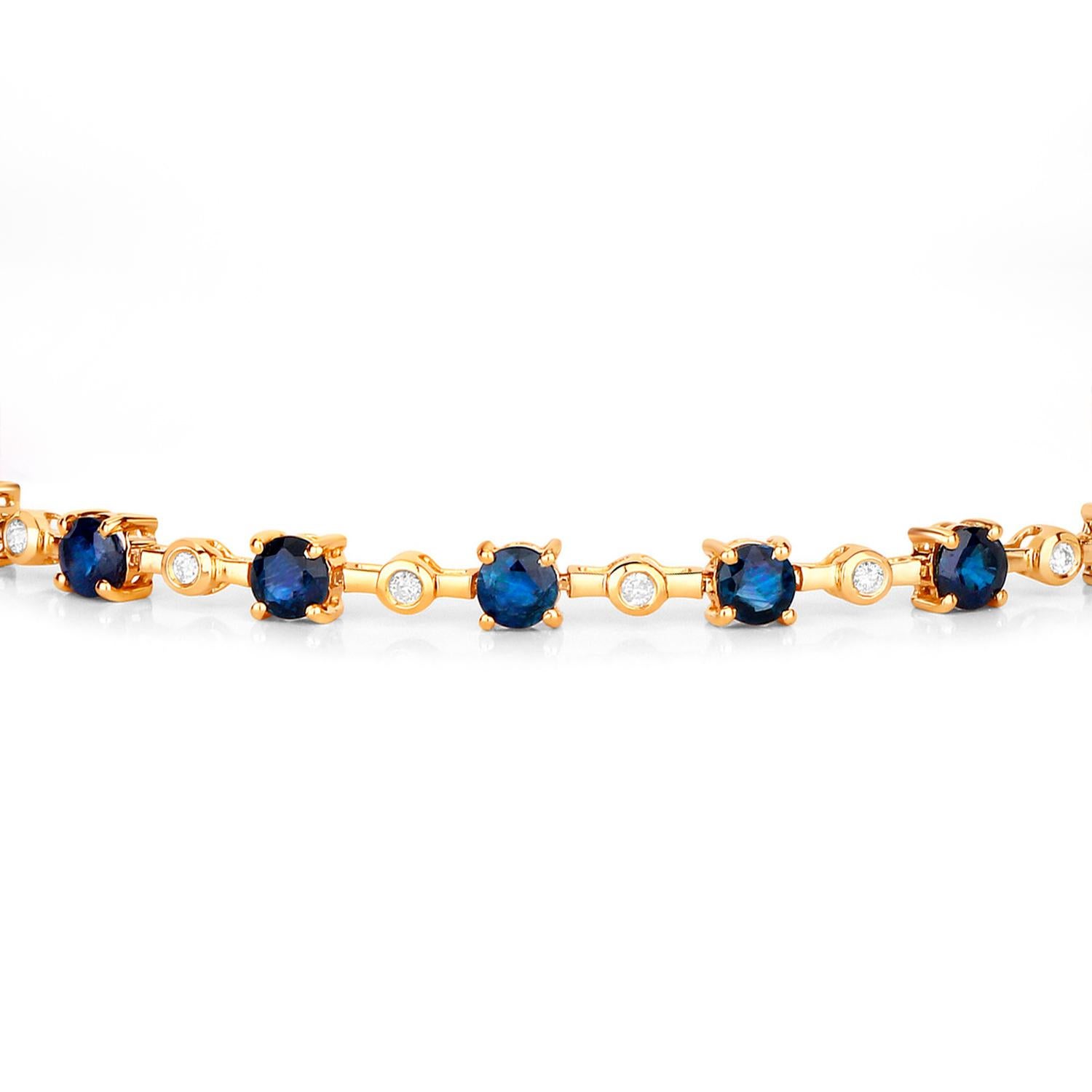 Contemporary Blue Sapphire Tennis Bracelet Diamond Links 4.90 Carats 14K Yellow Gold For Sale