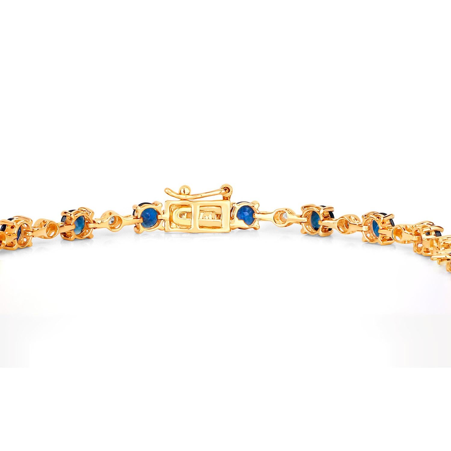 Round Cut Blue Sapphire Tennis Bracelet Diamond Links 4.90 Carats 14K Yellow Gold For Sale