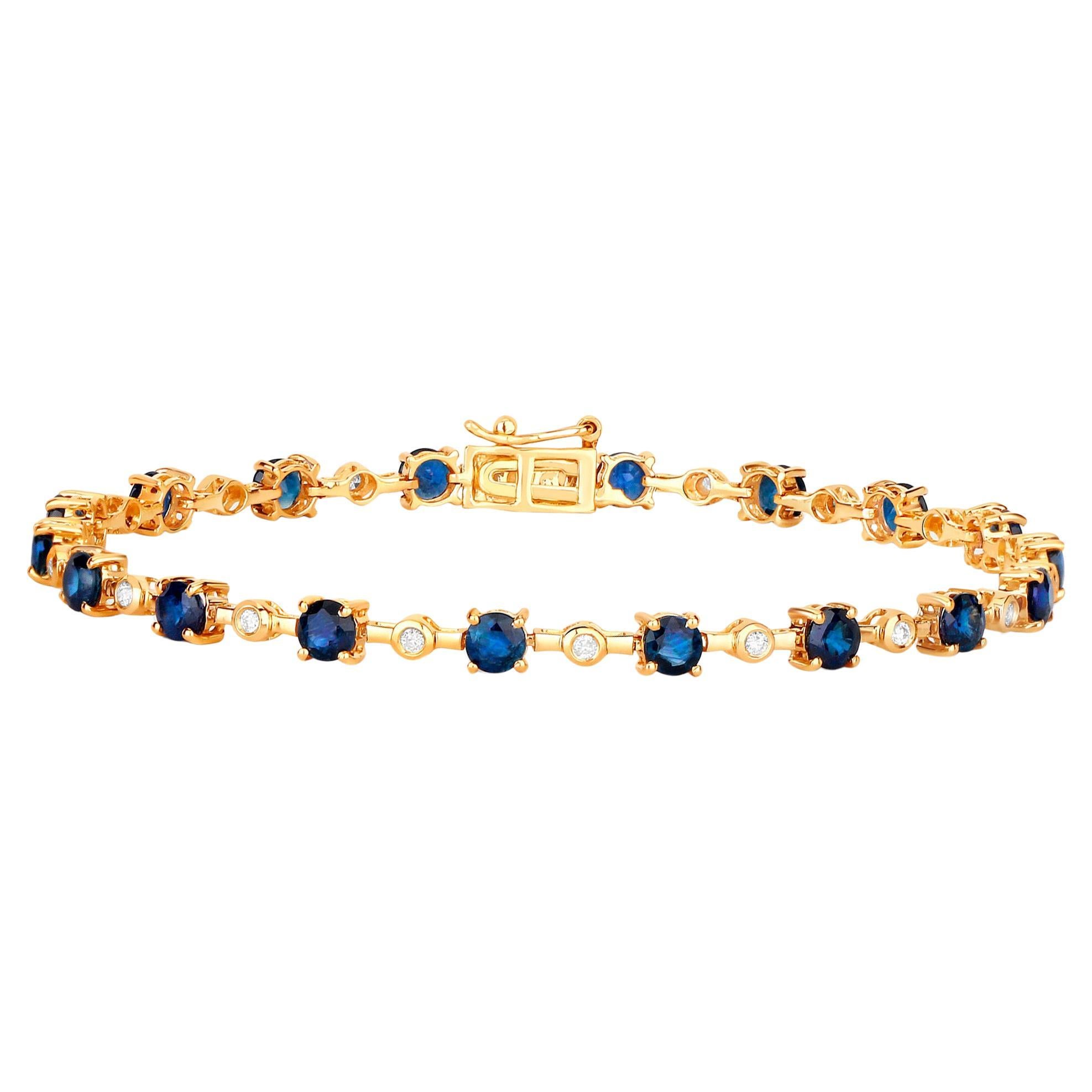Blue Sapphire Tennis Bracelet Diamond Links 4.90 Carats 14K Yellow Gold For Sale