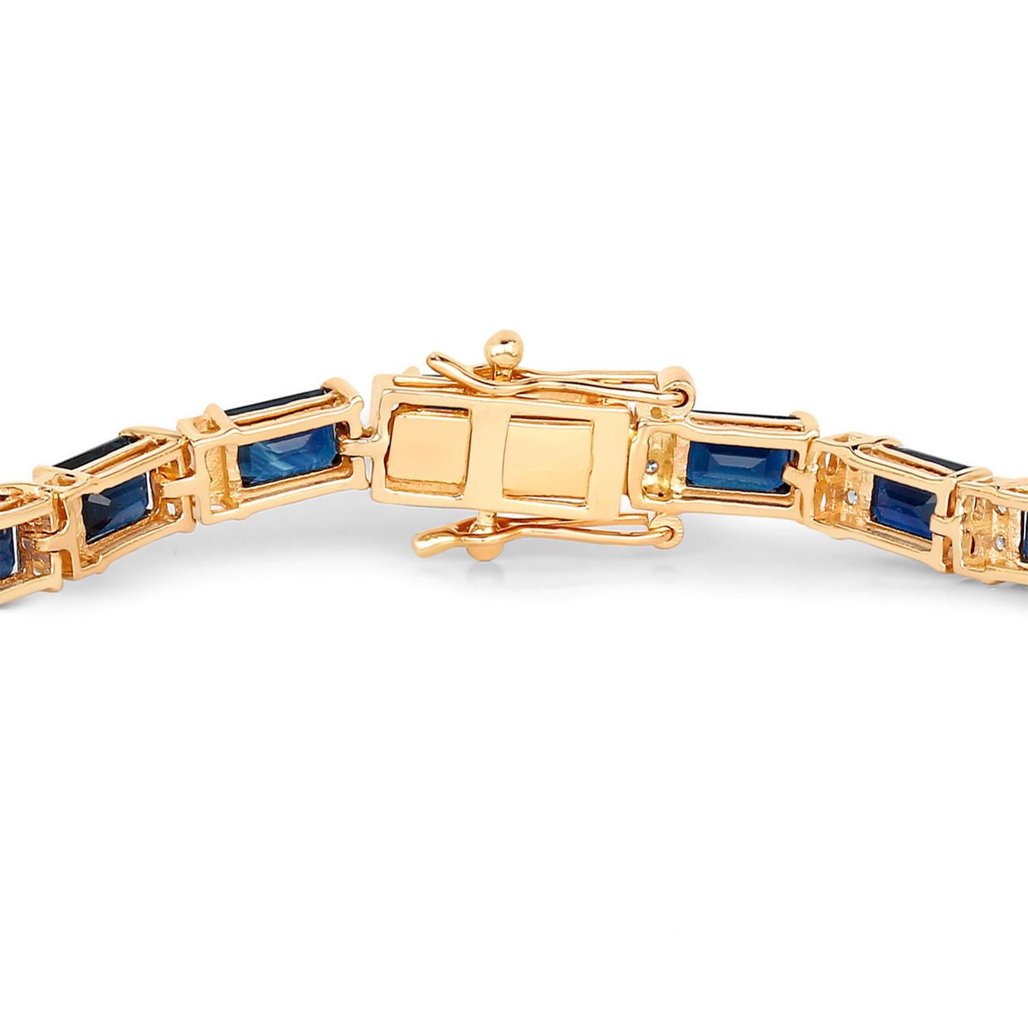 Taille émeraude Bracelet de tennis saphir bleu diamants 12.7 carats or jaune 14K en vente