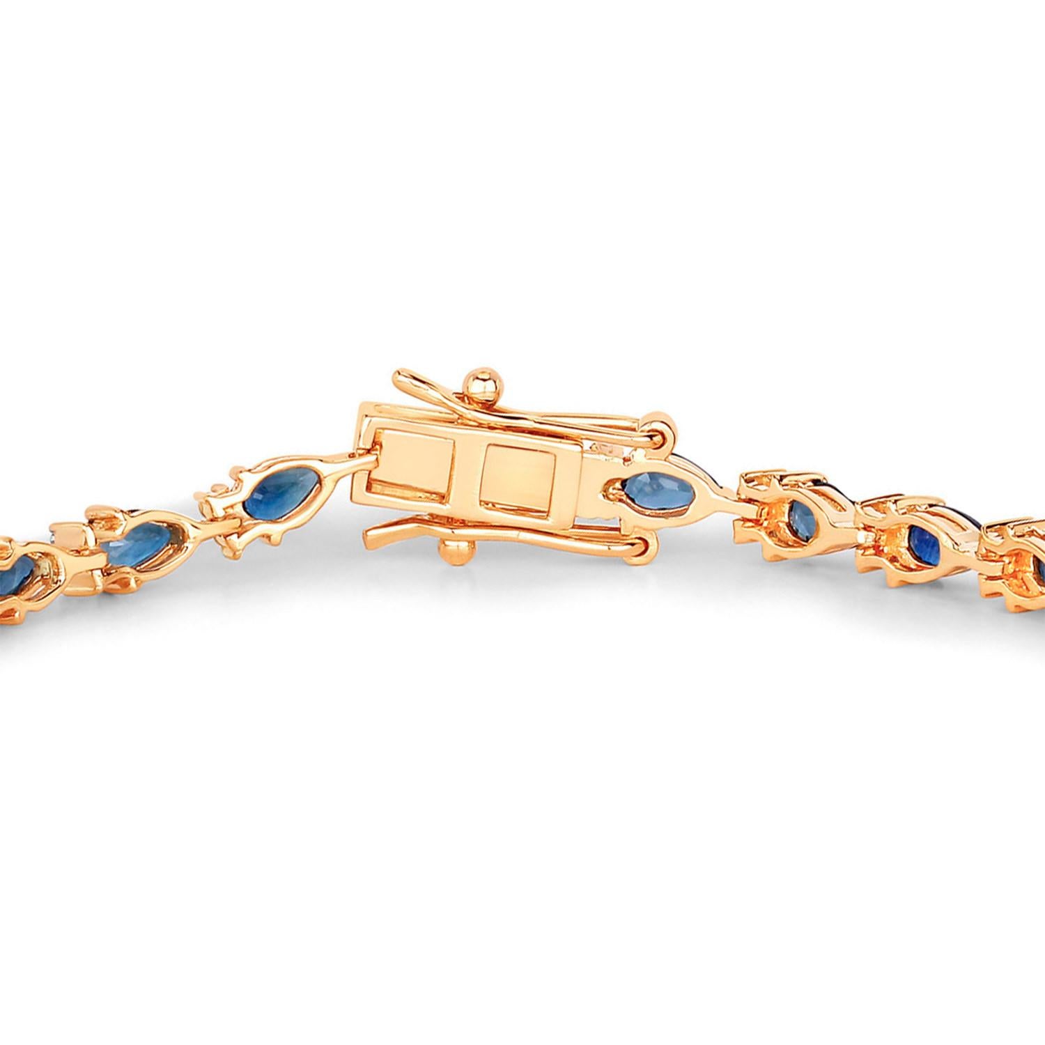 Taille poire Bracelet de tennis saphir bleu Diamants 5,3 carats Or jaune 14K en vente