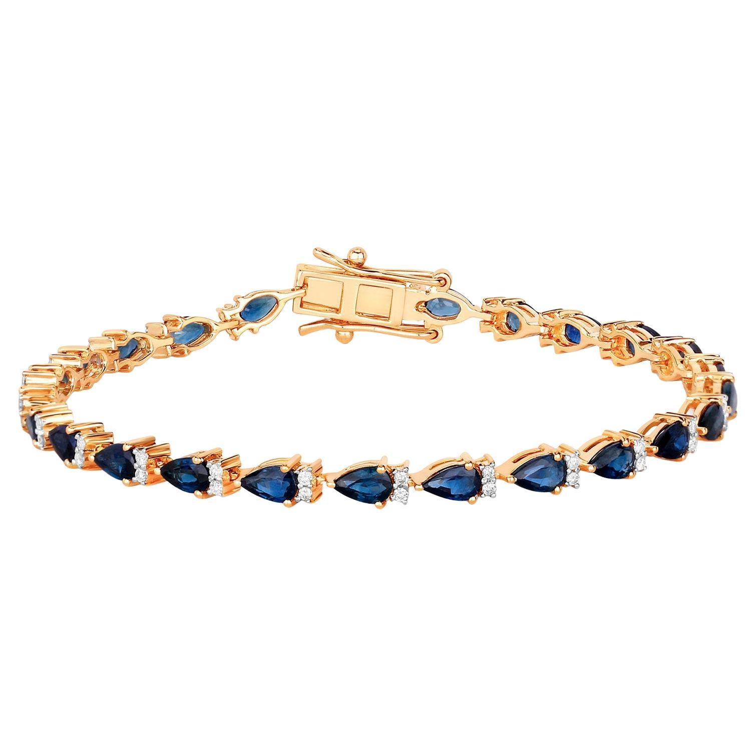 Bracelet de tennis saphir bleu Diamants 5,3 carats Or jaune 14K en vente