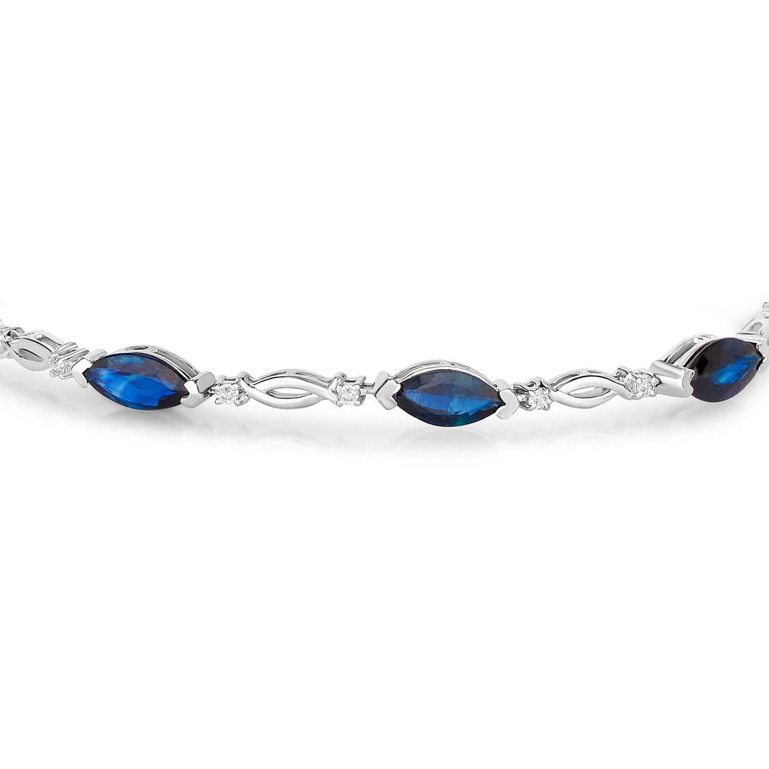 Contemporary Blue Sapphire Tennis Bracelet Diamonds 5.55 Carats 14K White Gold For Sale