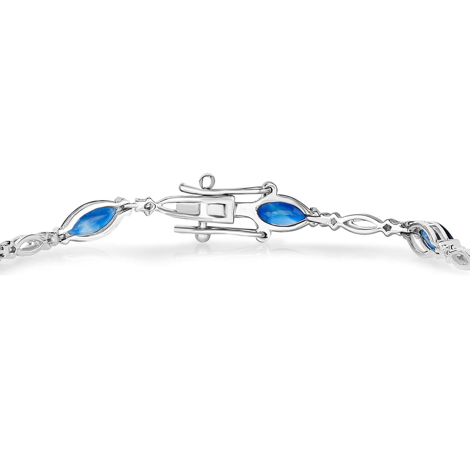 Marquise Cut Blue Sapphire Tennis Bracelet Diamonds 5.55 Carats 14K White Gold For Sale