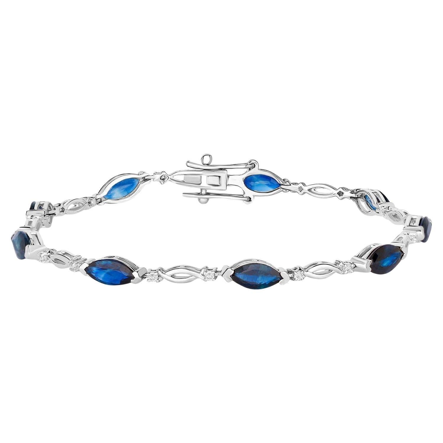 Blue Sapphire Tennis Bracelet Diamonds 5.55 Carats 14K White Gold For Sale