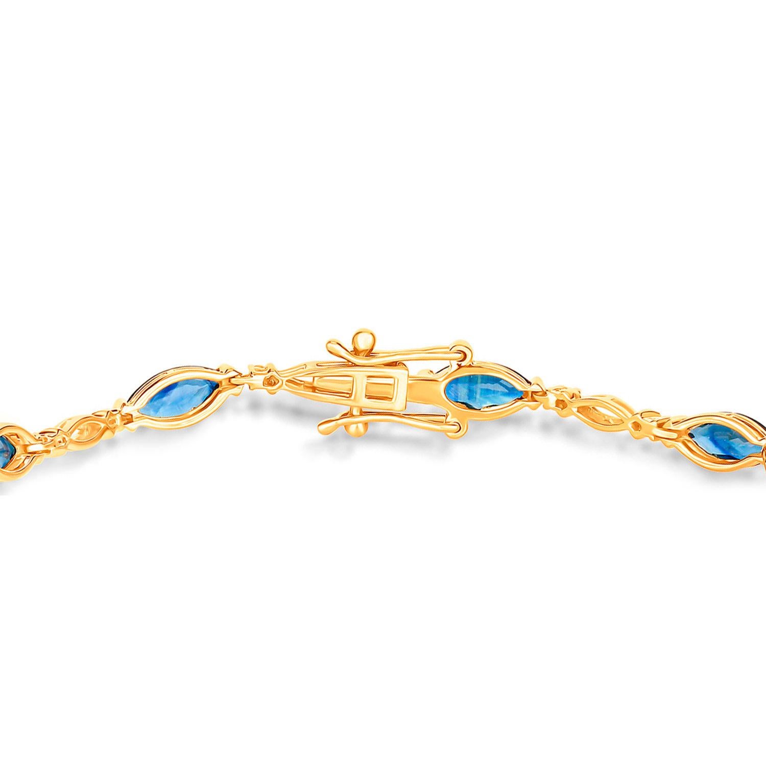 Marquise Cut Blue Sapphire Tennis Bracelet Diamonds 5.55 Carats 14K Yellow Gold For Sale