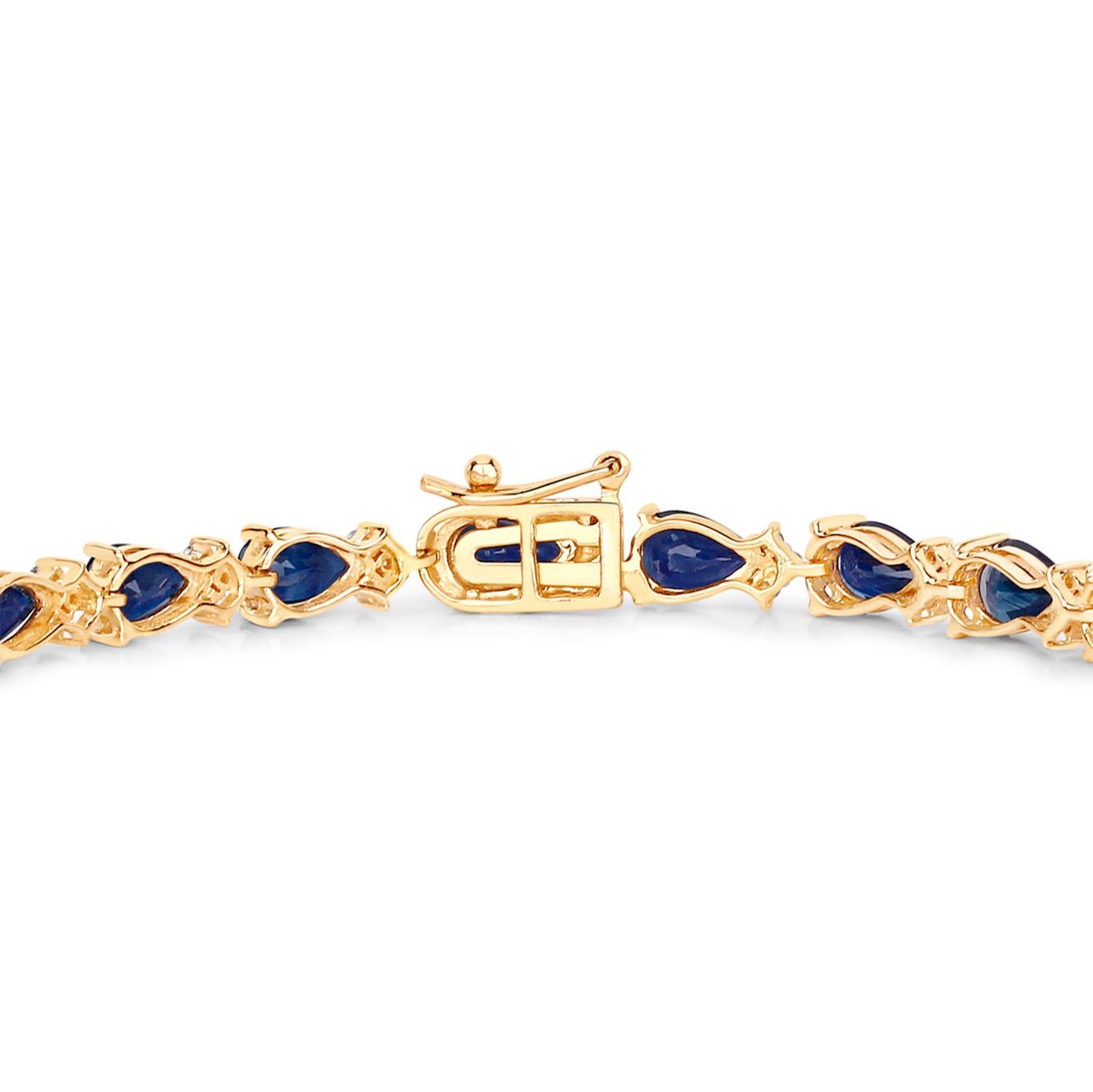 Taille poire Bracelet de tennis saphir bleu Diamants 9,7 carats Or jaune 14K en vente
