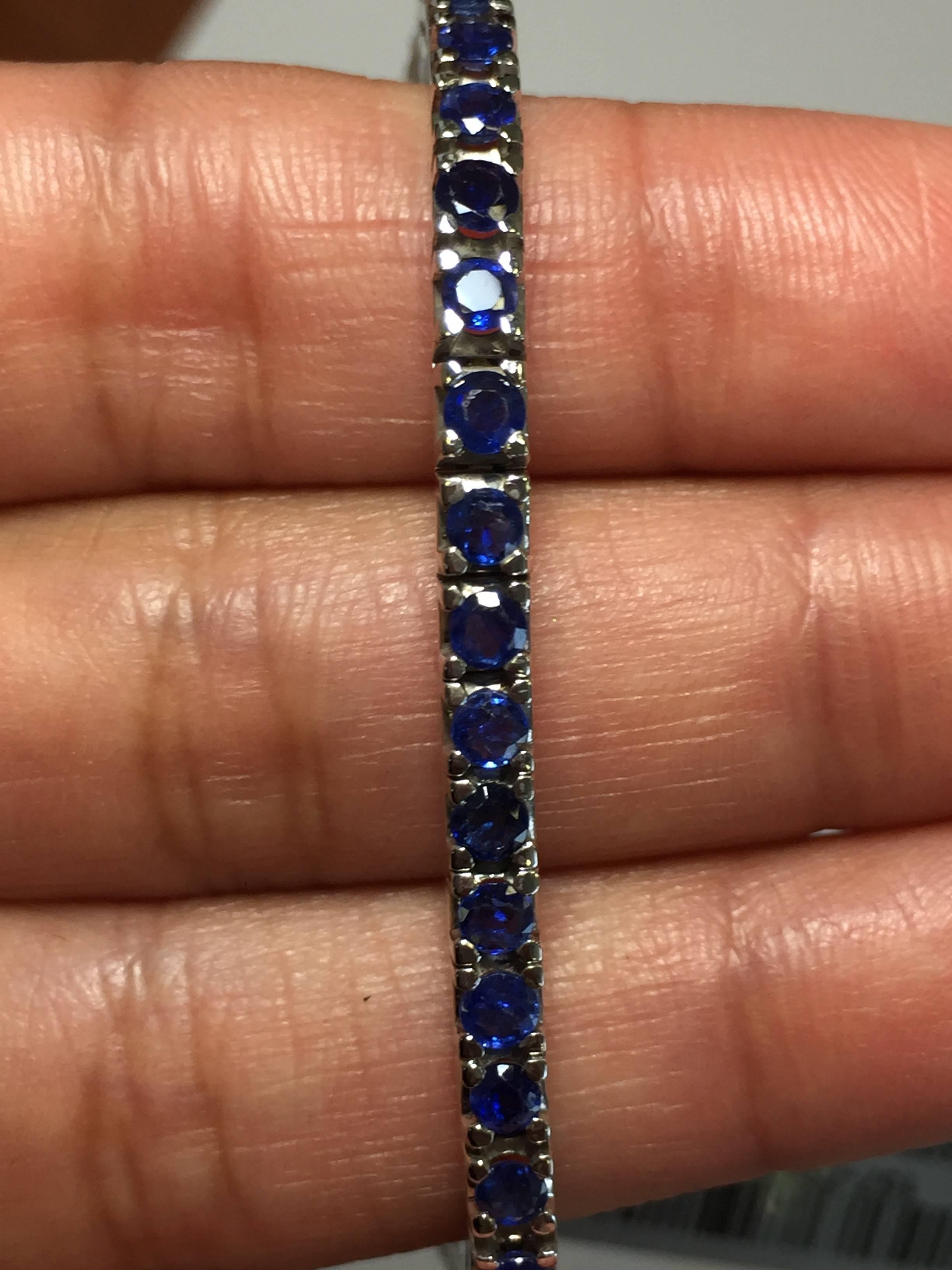 Women's or Men's Blue Sapphire Tennis Bracelet in 18 Karat White Gold