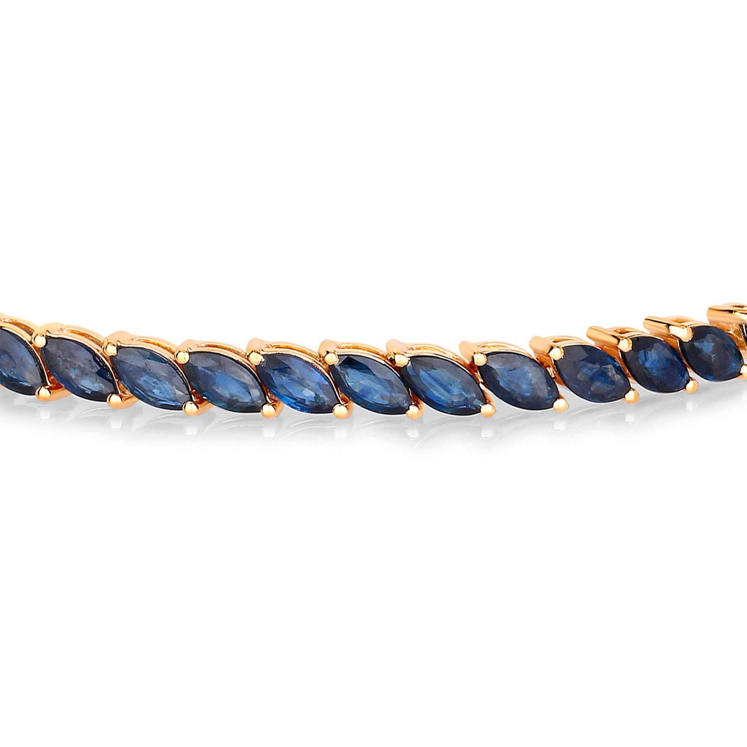 Contemporary Blue Sapphire Tennis Bracelet Marquise Cut 12.7 Carats 10K Yellow Gold For Sale
