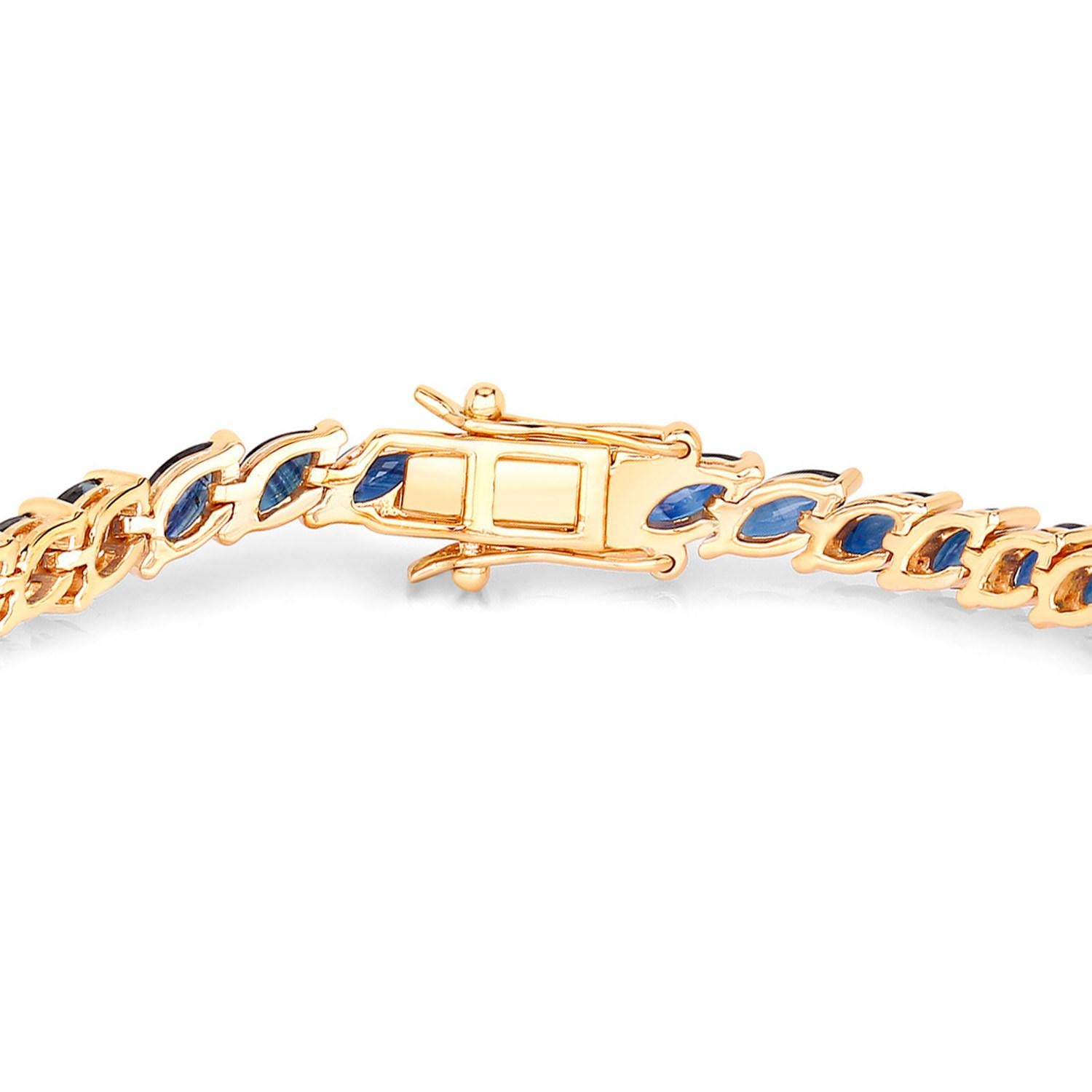 Blue Sapphire Tennis Bracelet Marquise Cut 12.7 Carats 10K Yellow Gold In Excellent Condition For Sale In Aliso Viejo, CA