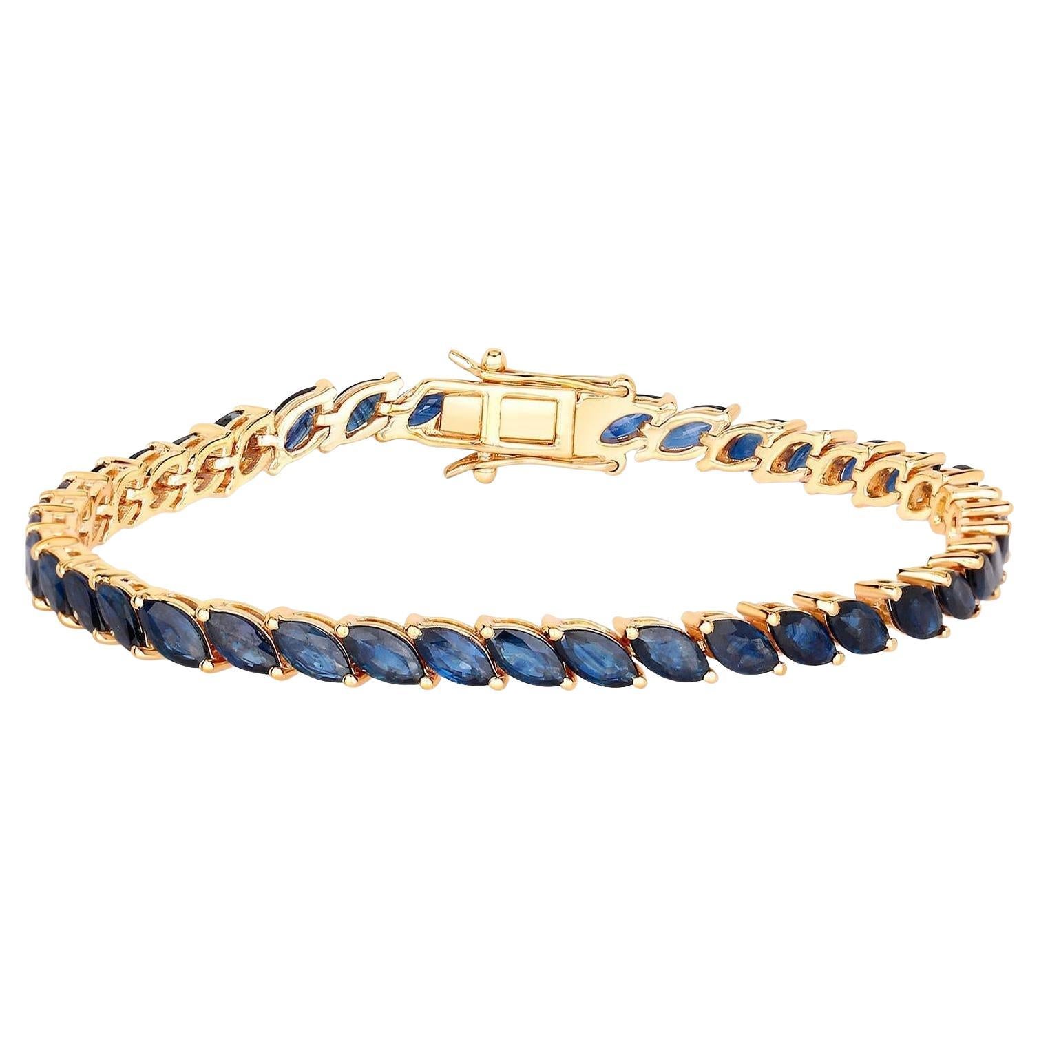 Blue Sapphire Tennis Bracelet Marquise Cut 12.7 Carats 10K Yellow Gold For Sale