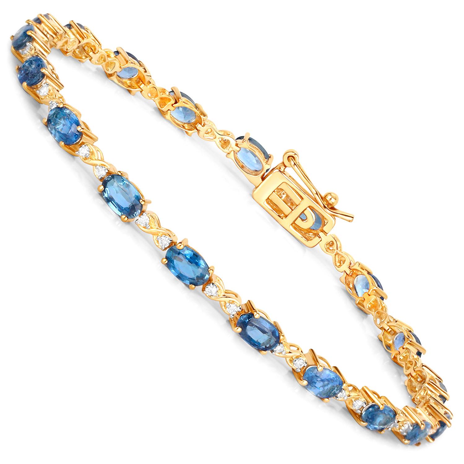 Contemporary Blue Sapphire Tennis Bracelet With Diamonds 4.43 Carats 14K Yellow Gold For Sale