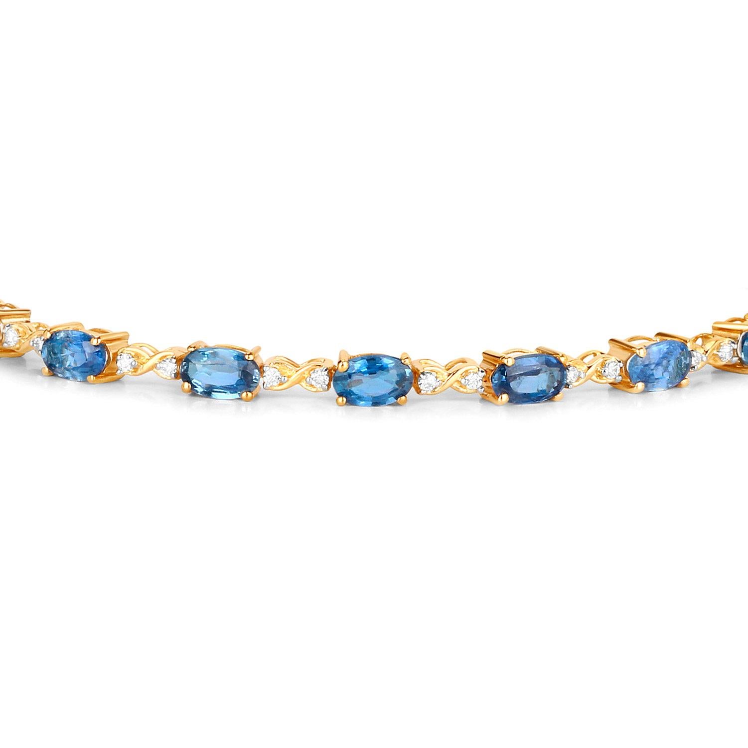 Oval Cut Blue Sapphire Tennis Bracelet With Diamonds 4.43 Carats 14K Yellow Gold For Sale