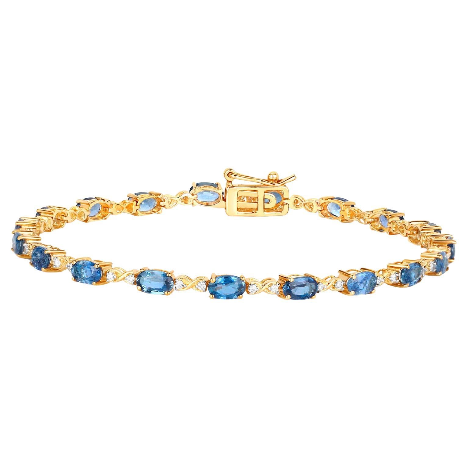 Blue Sapphire Tennis Bracelet With Diamonds 4.43 Carats 14K Yellow Gold For Sale