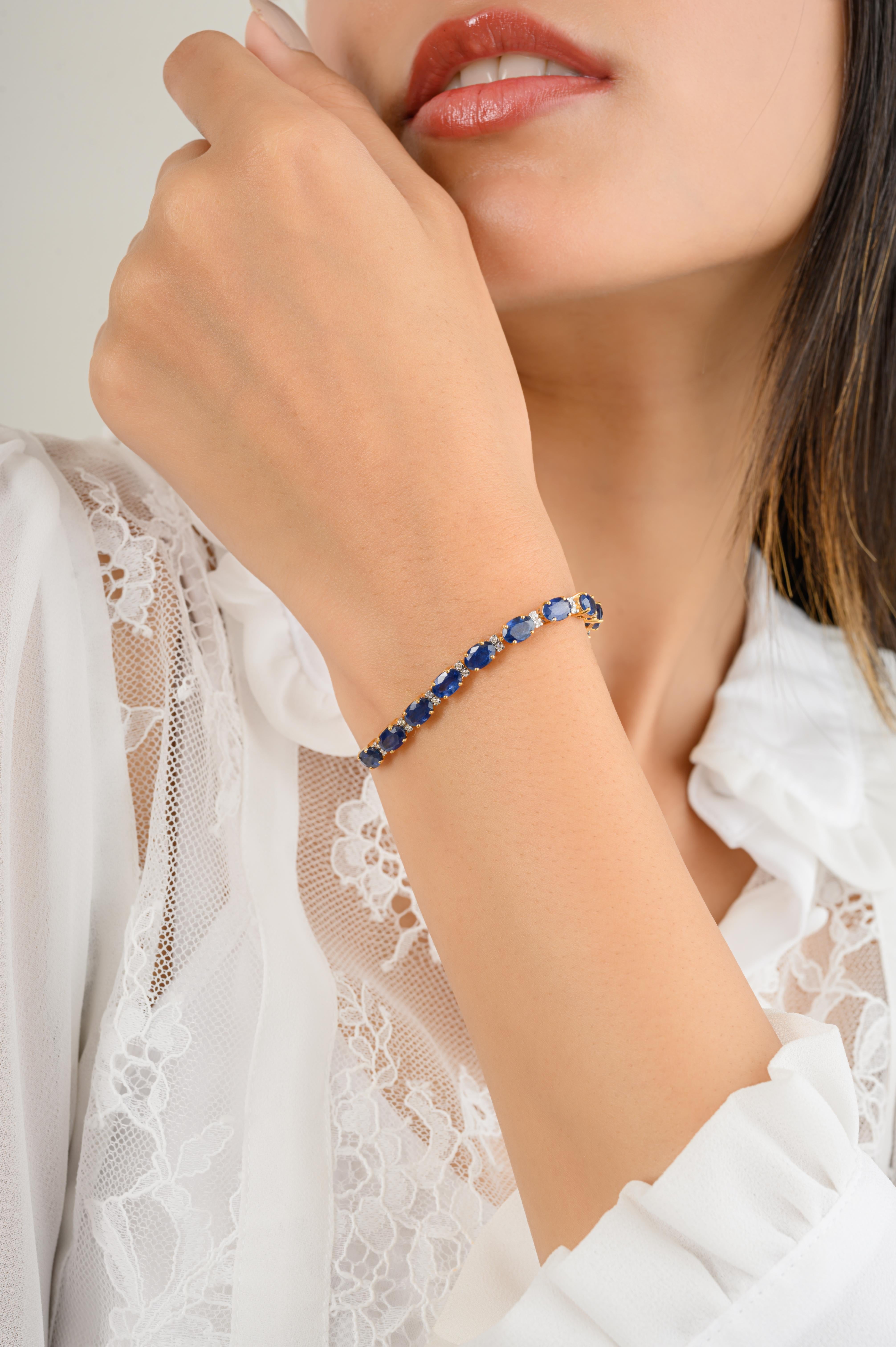 This Blue Sapphire Tennis Bracelet with Diamonds for Wedding in 18K gold showcases endlessly sparkling natural blue sapphire, weighing 5.51 carats and diamonds weighing 0.135 carats. It measures 7 inches long in length. 
Sapphire stimulate