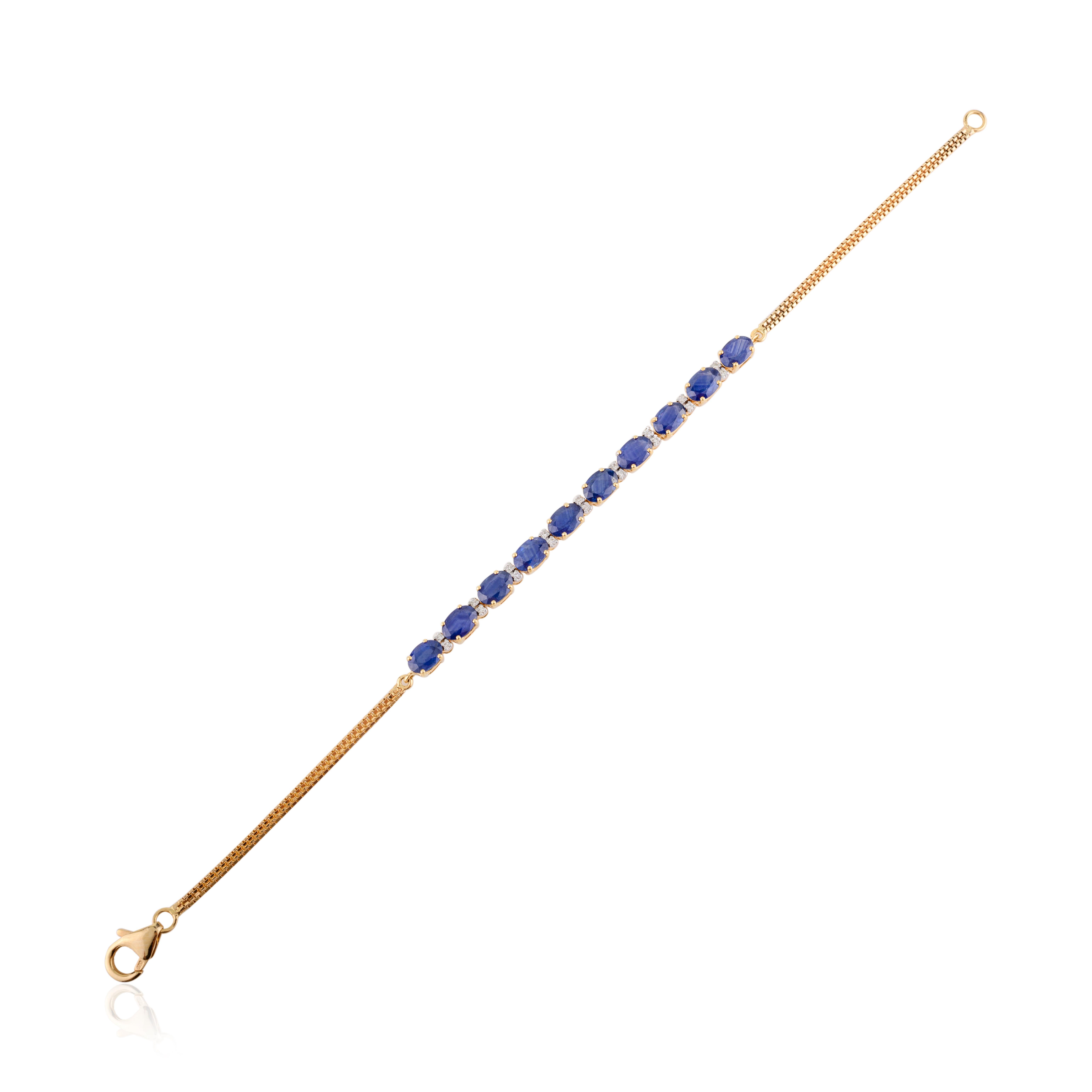 Art Deco Blue Sapphire Tennis Bracelet with Diamonds for Wedding in 18k Yellow Gold For Sale