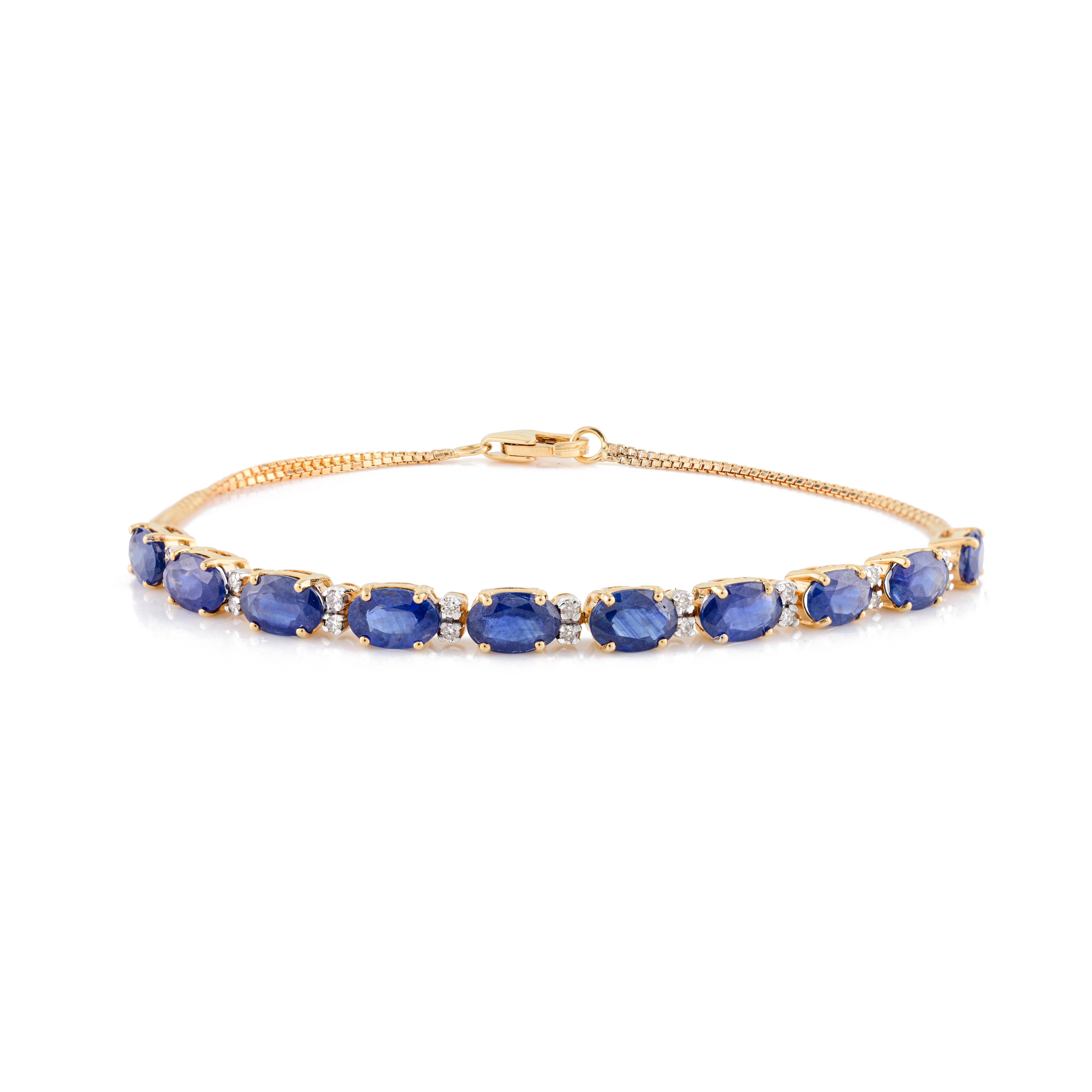 Blue Sapphire Tennis Bracelet with Diamonds for Wedding in 18k Yellow Gold In New Condition For Sale In New York, NY