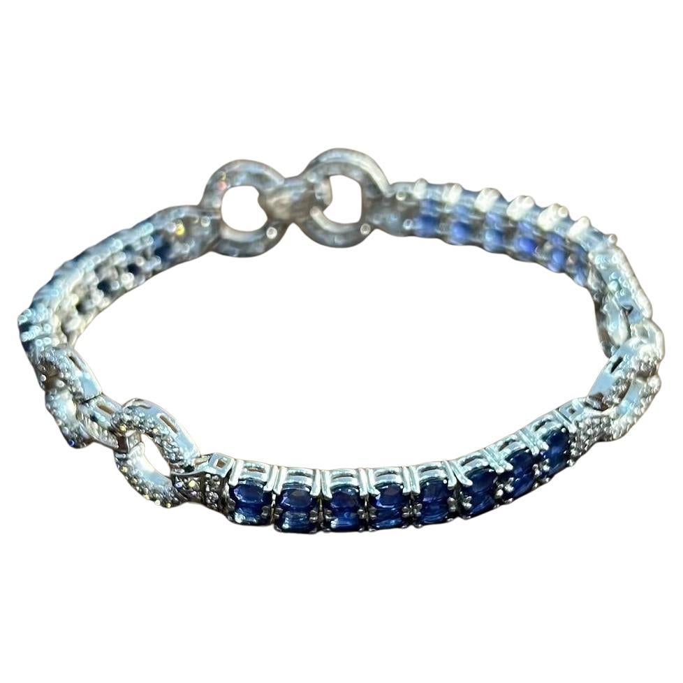 Blue Sapphire Tennis Line Diamond Pave Statement Unique 14K White Gold Bracelet
