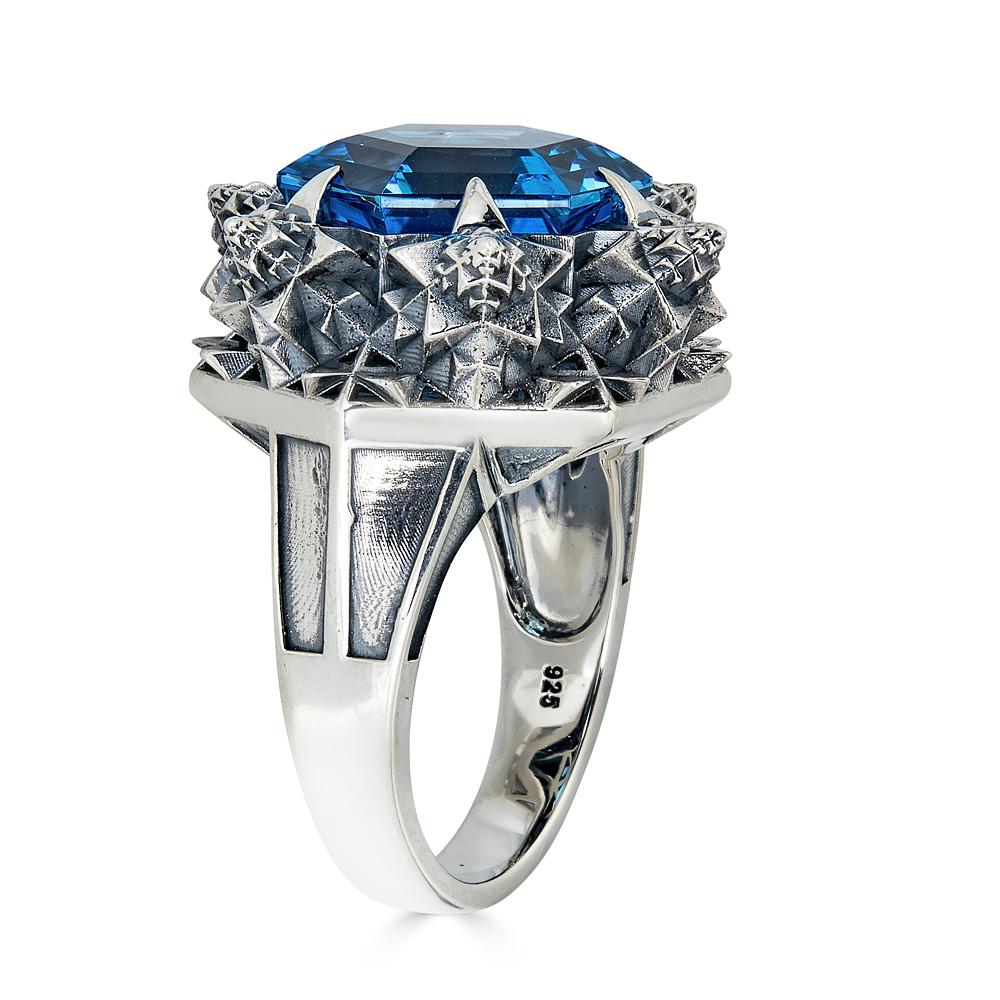 Emerald Cut Blue Sapphire Silver Thoscene Ring For Sale