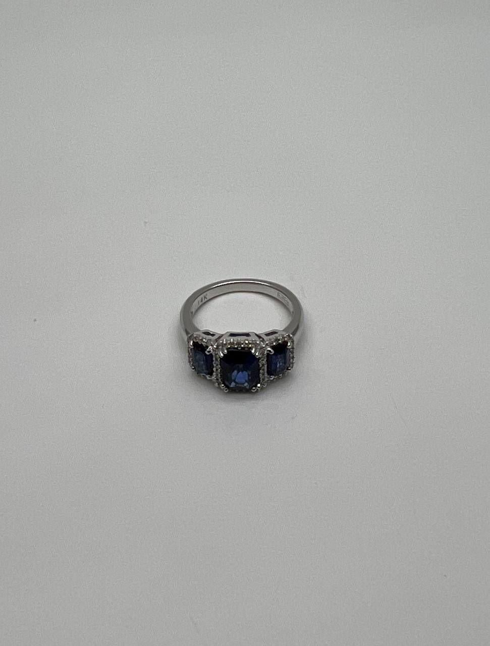 Blue Sapphire Three Side Stone Diamond Halo 14K White Gold Statement Ring For Sale 5