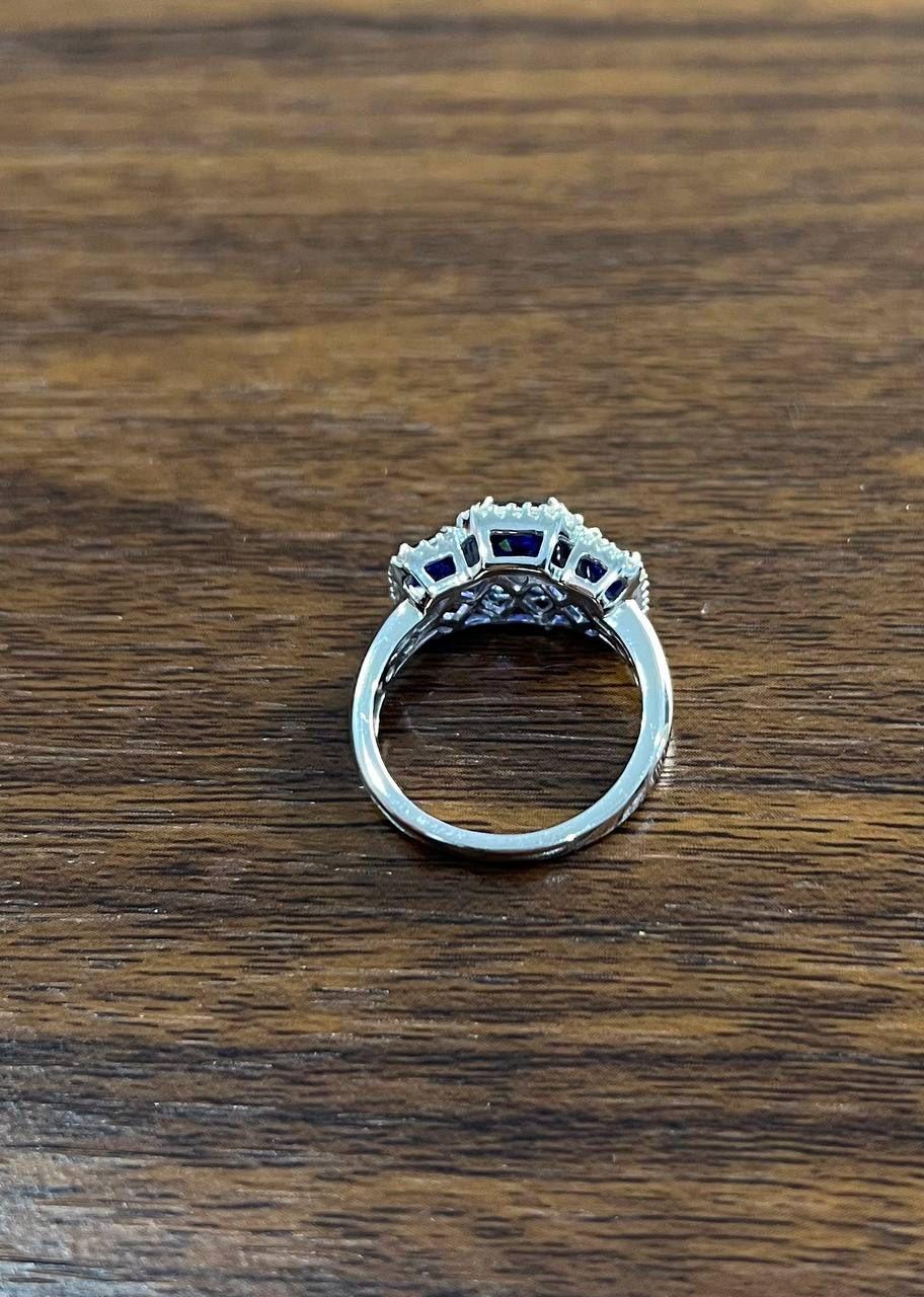 Blue Sapphire Three Side Stone Diamond Halo 14K White Gold Statement Ring For Sale 6
