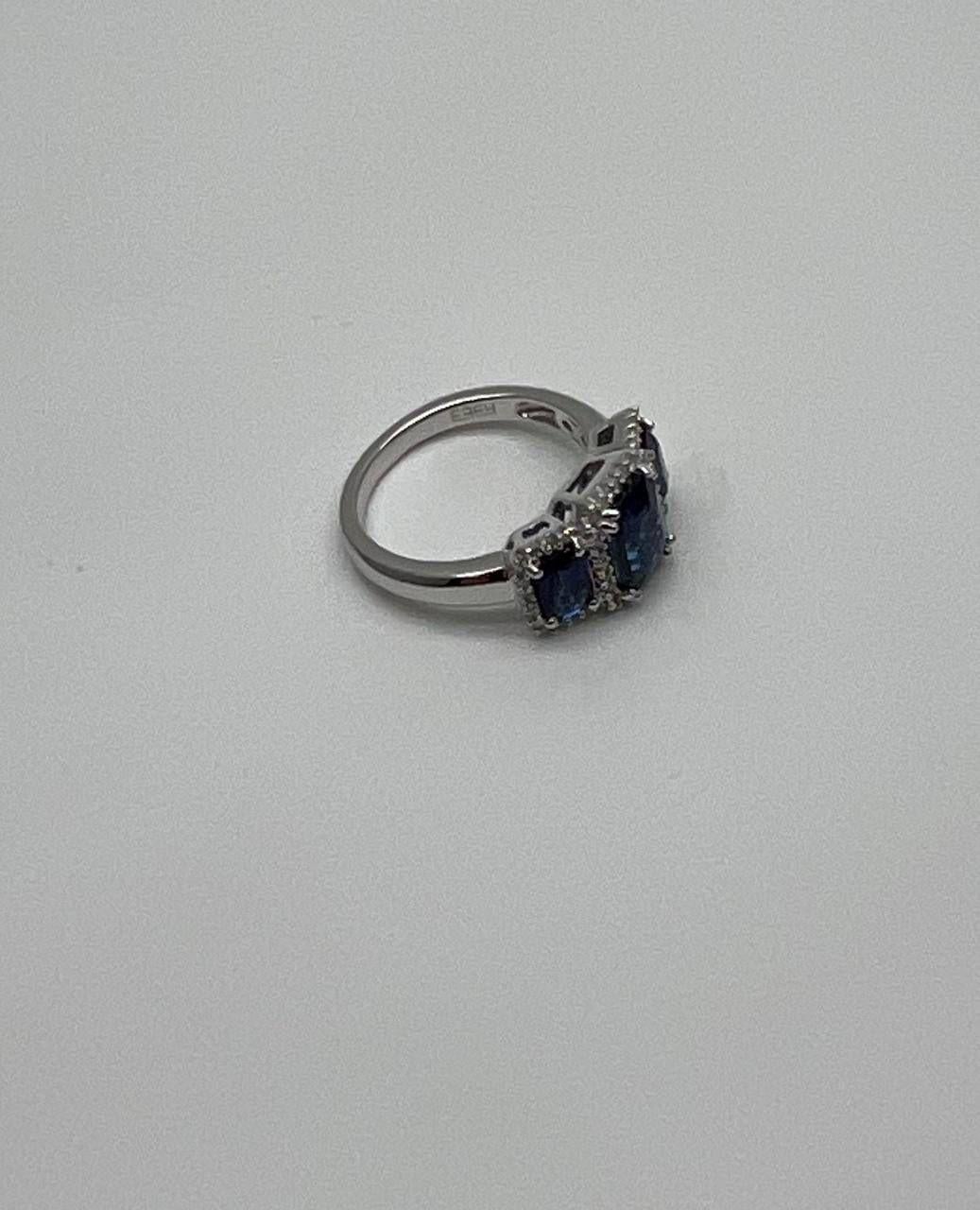 Blue Sapphire Three Side Stone Diamond Halo 14K White Gold Statement Ring For Sale 7