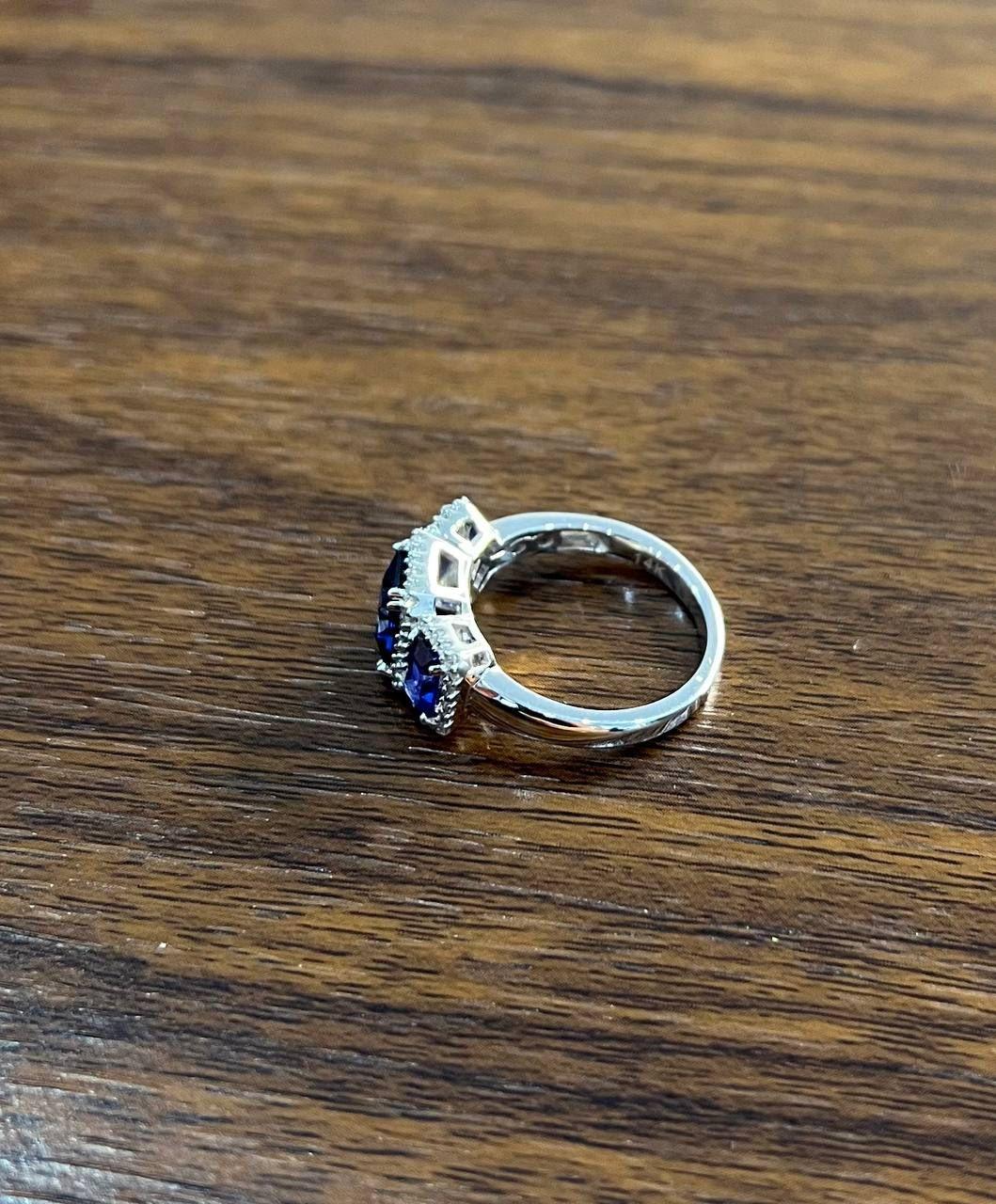 Blue Sapphire Three Side Stone Diamond Halo 14K White Gold Statement Ring For Sale 9