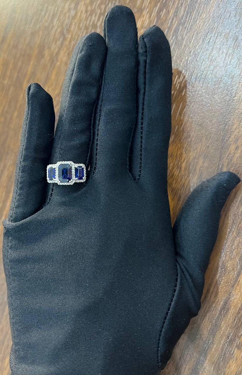 Blue Sapphire Three Side Stone Diamond Halo 14K White Gold Statement Ring In New Condition For Sale In Oakton, VA