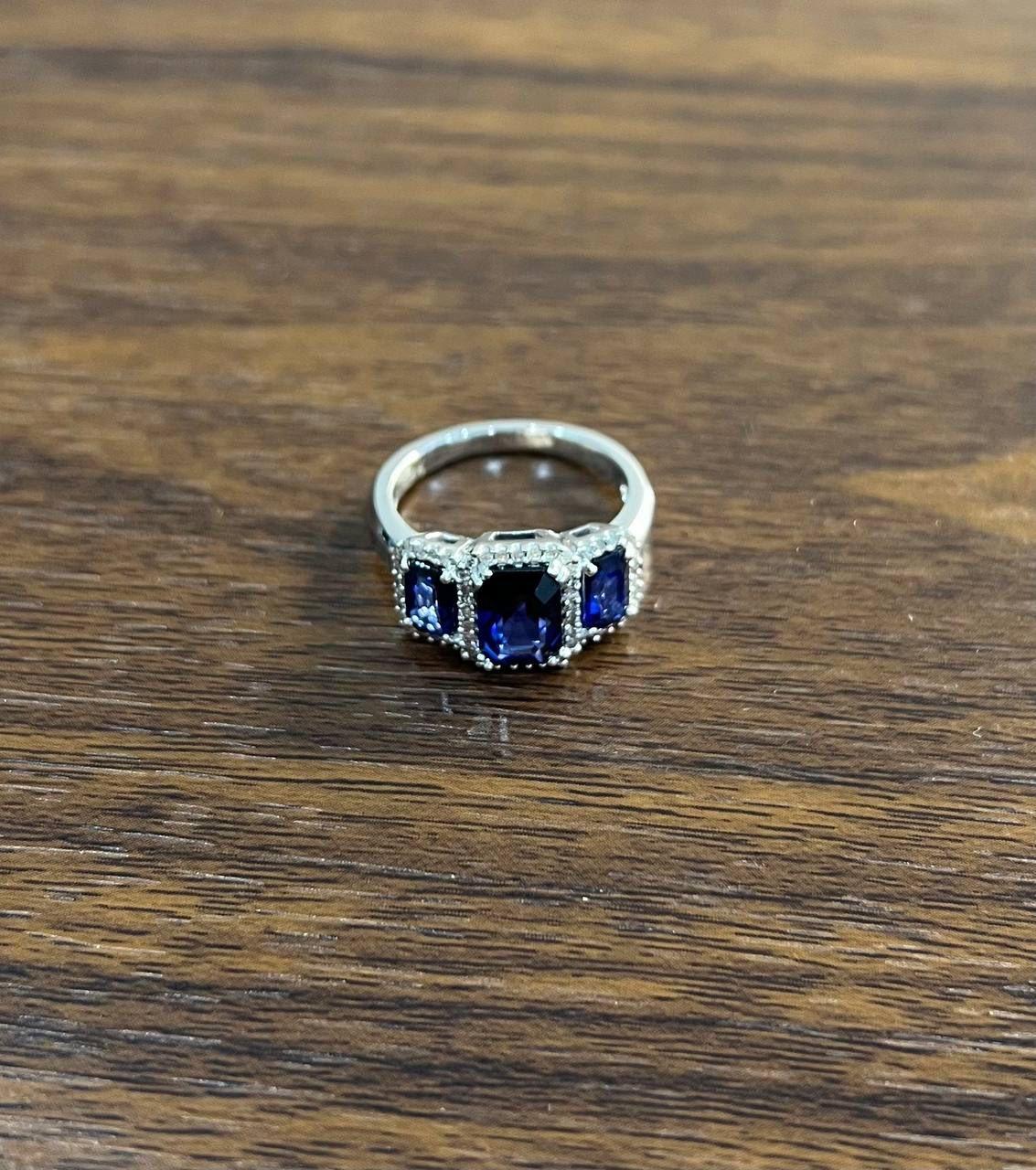 Blue Sapphire Three Side Stone Diamond Halo 14K White Gold Statement Ring For Sale 1