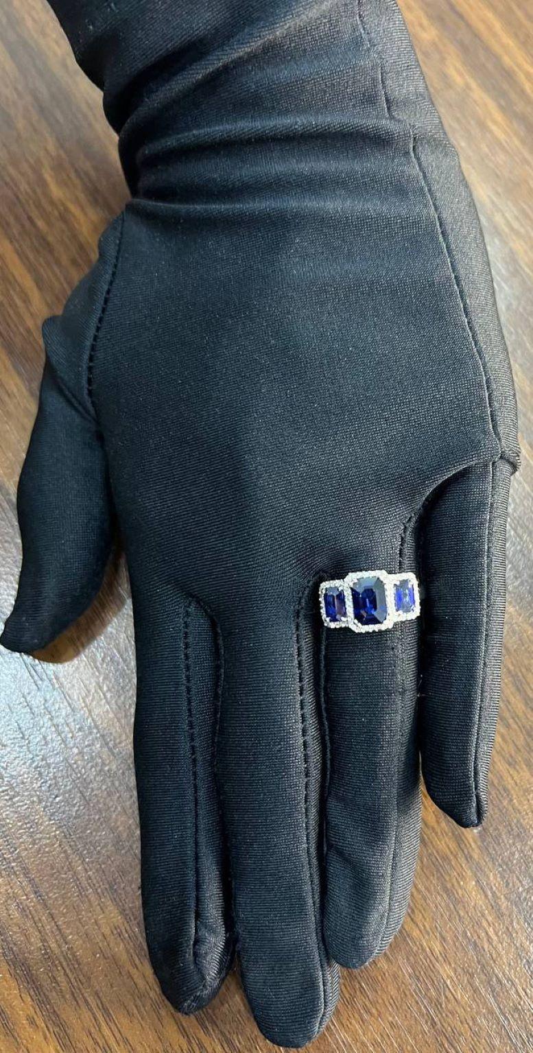 Blue Sapphire Three Side Stone Diamond Halo 14K White Gold Statement Ring For Sale 2