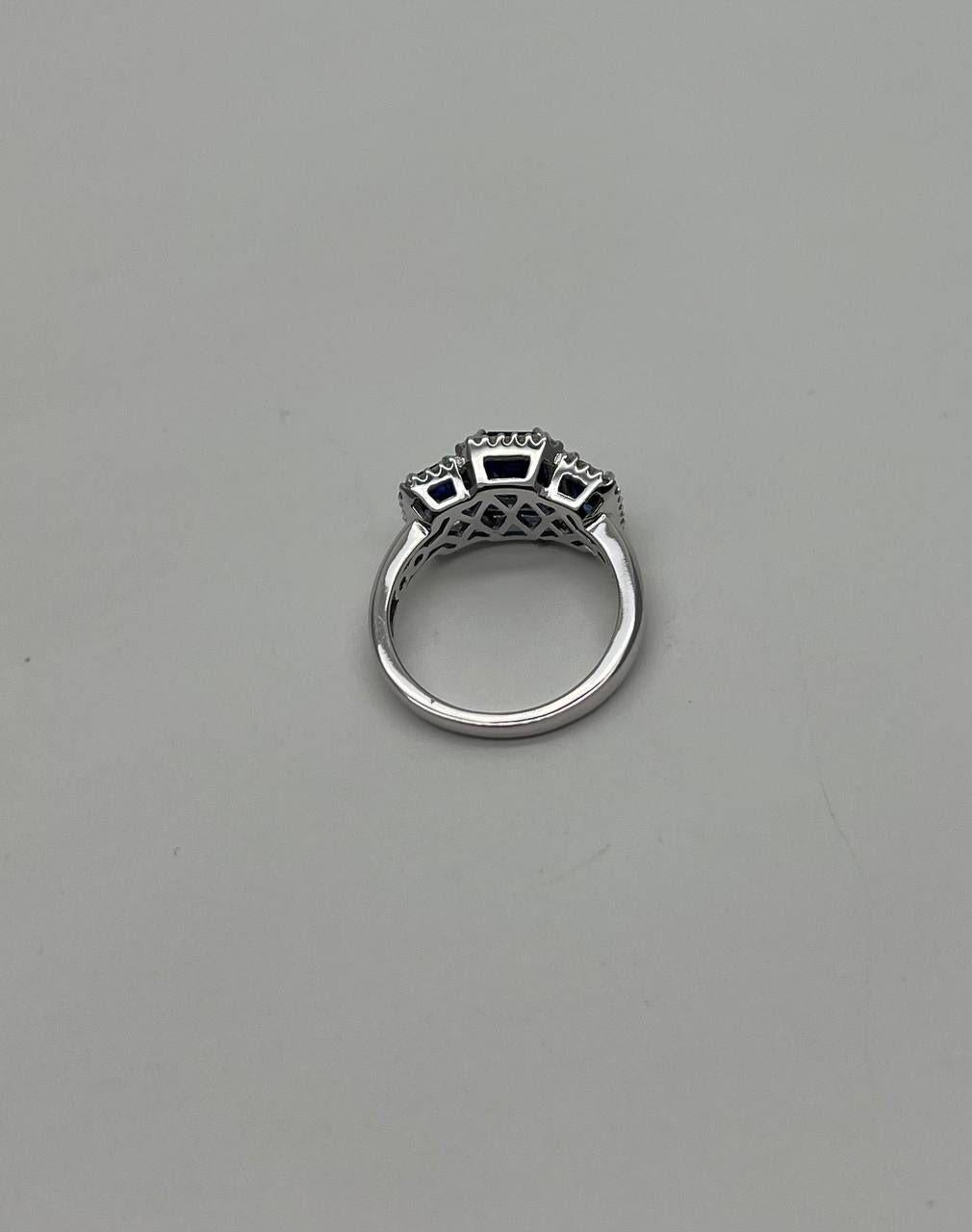 Blue Sapphire Three Side Stone Diamond Halo 14K White Gold Statement Ring For Sale 3