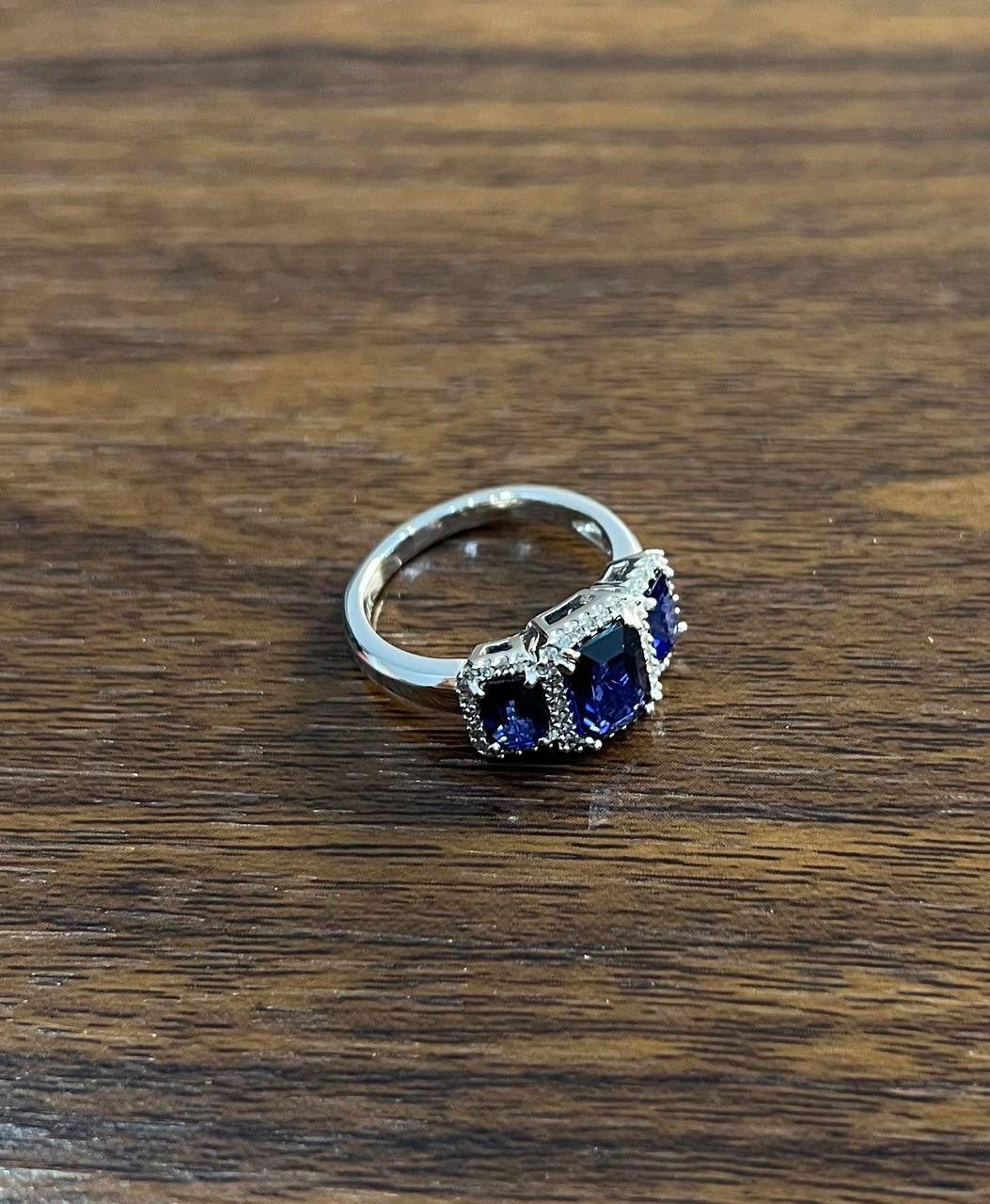 Blue Sapphire Three Side Stone Diamond Halo 14K White Gold Statement Ring For Sale 4