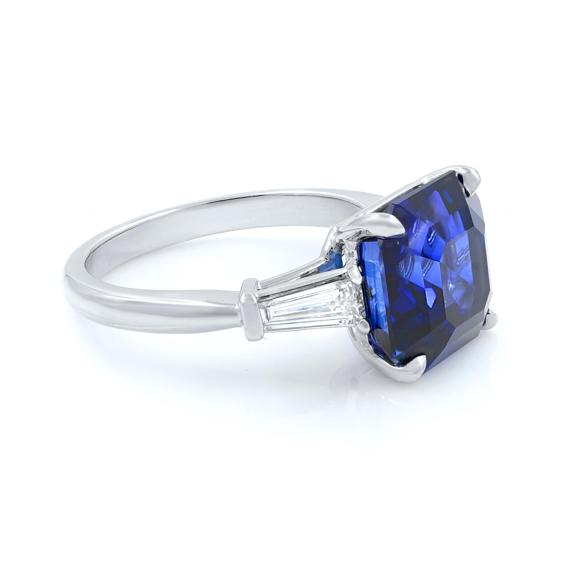 Women's Blue Sapphire Three-Stone Diamond Engagement Platinum 7.18 GRS Certified Ring