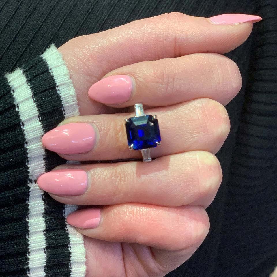 Blue Sapphire Three-Stone Diamond Engagement Platinum 7.18 GRS Certified Ring 4
