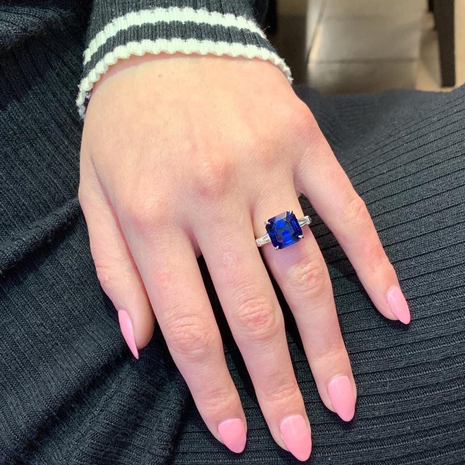 Artisan Blue Sapphire Three-Stone Diamond Engagement Platinum 7.18 GRS Certified Ring