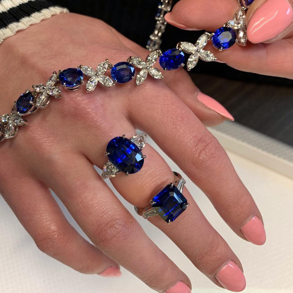Asscher Cut Blue Sapphire Three-Stone Diamond Engagement Platinum 7.18 GRS Certified Ring