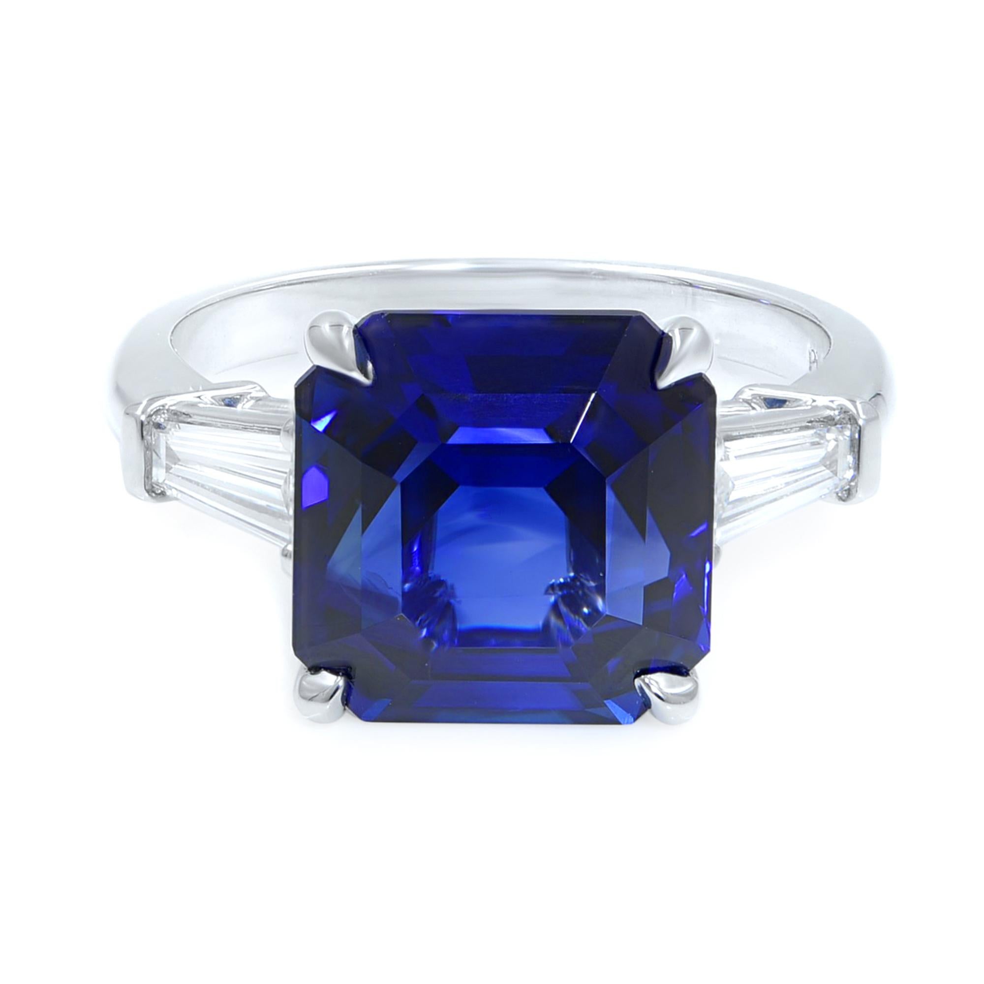 Blue Sapphire Three-Stone Diamond Engagement Platinum 7.18 GRS Certified Ring In New Condition In New York, NY