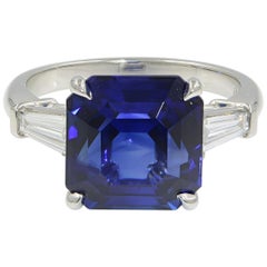 Blue Sapphire Three-Stone Diamond Engagement Platinum 7.18 GRS Certified Ring
