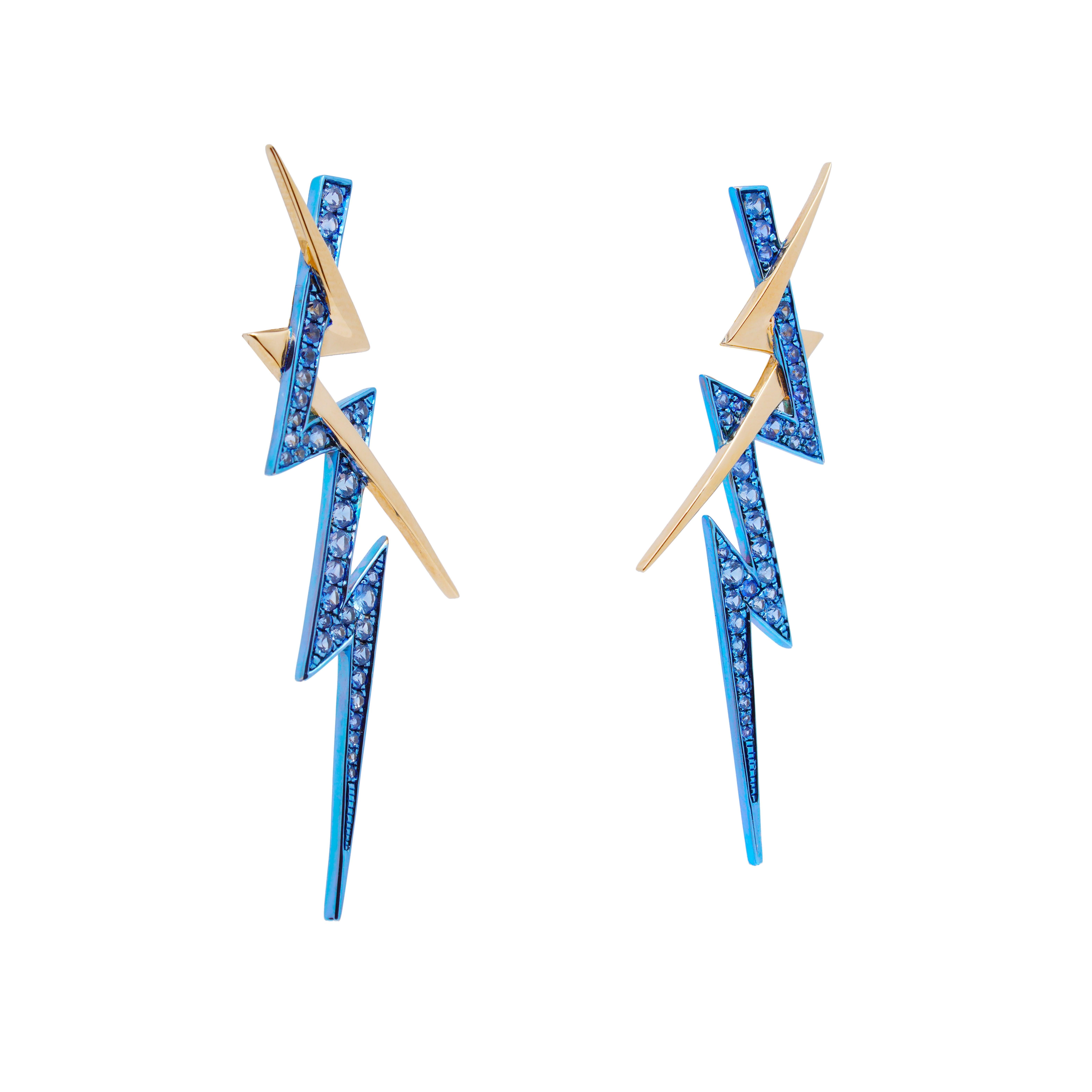 Mixed Cut Blue Sapphire Thunder Earrings, 18K Gold, Austy Lee For Sale