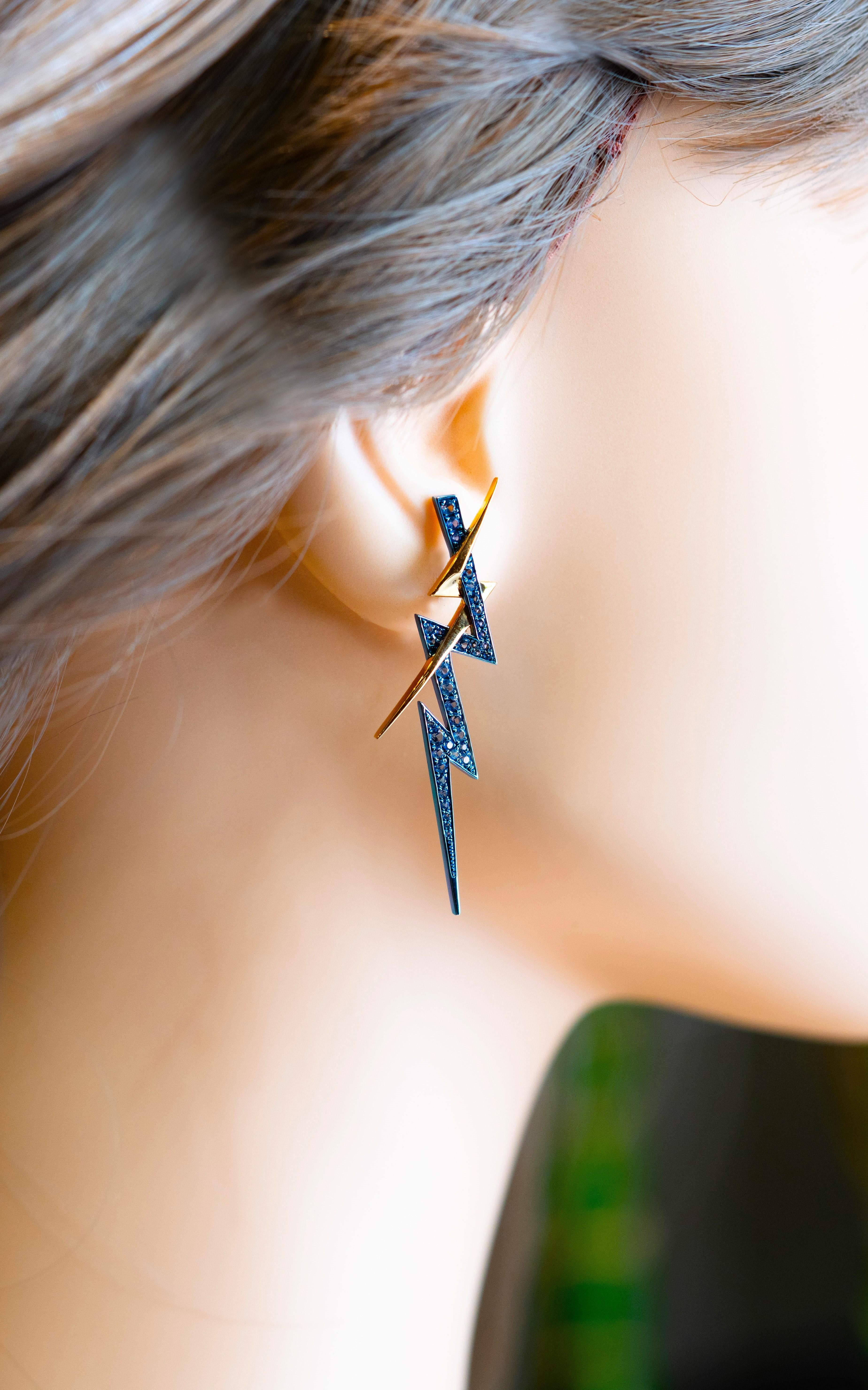 Women's or Men's Blue Sapphire Thunder Earrings, 18K Gold, Austy Lee For Sale