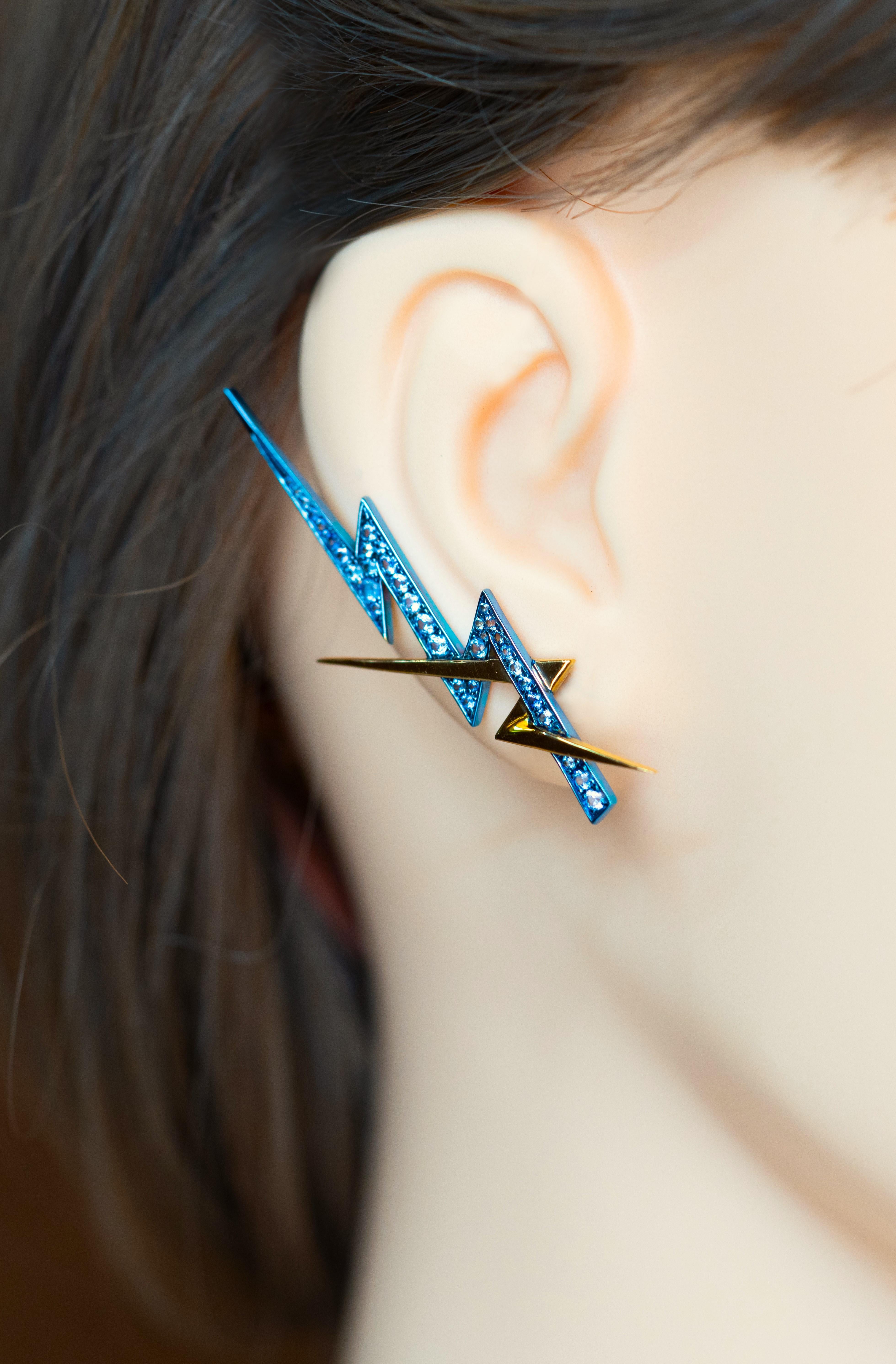 Blue Sapphire Thunder Earrings, 18K Gold, Austy Lee For Sale 1