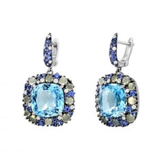 Blue Sapphire Topaz Chalcedony Diamond  White 18k Gold Dangle Earrings for Her