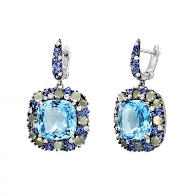 Baguette Cut Blue Sapphire Topaz Chalcedony Diamond  White 18k Gold Dangle Earrings for Her For Sale