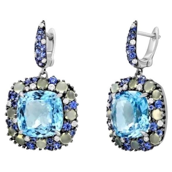 Blue Sapphire Topaz Chalcedony Diamond  White 18k Gold Dangle Earrings for Her