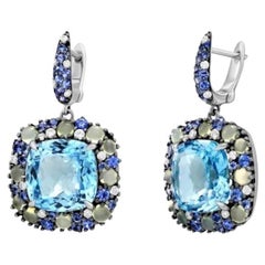 Blue Sapphire Topaz Chalcedony Diamond  White 18k Gold Dangle Earrings for Her