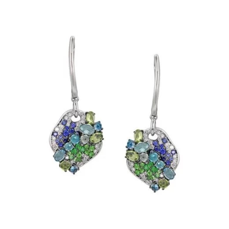 Taille baguette Boucles d'oreilles en or blanc avec saphir bleu, topaze, chrysolite, tsavorite et diamant pour elle en vente