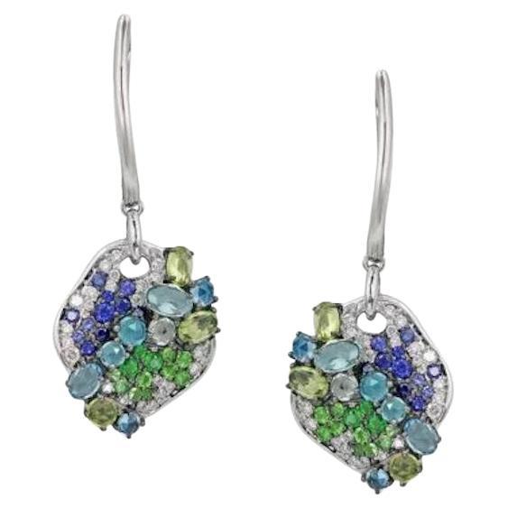 Blue Sapphire Topaz Chrysolite Tsavorite Diamond White Gold Earrings for Her