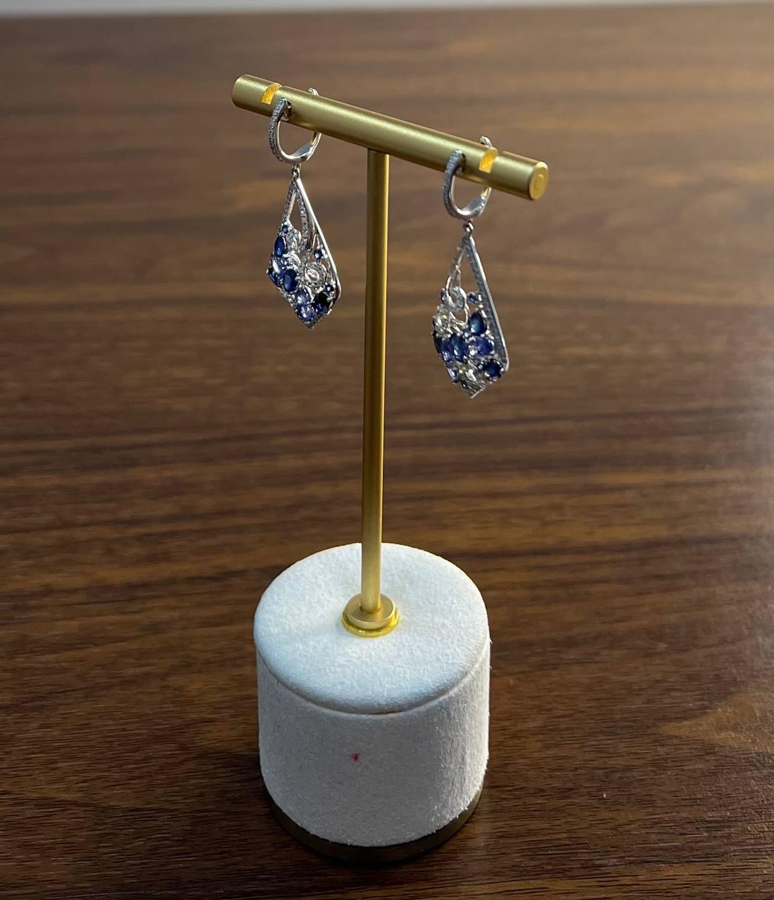 Blue Sapphire Topaz Diamond Pave Fancy 14K White Gold Dangle Statement Earrings For Sale 4